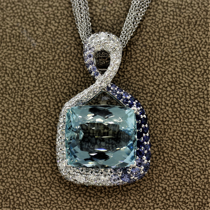 Fine Aquamarine Diamond Sapphire Gold Pendant Necklace