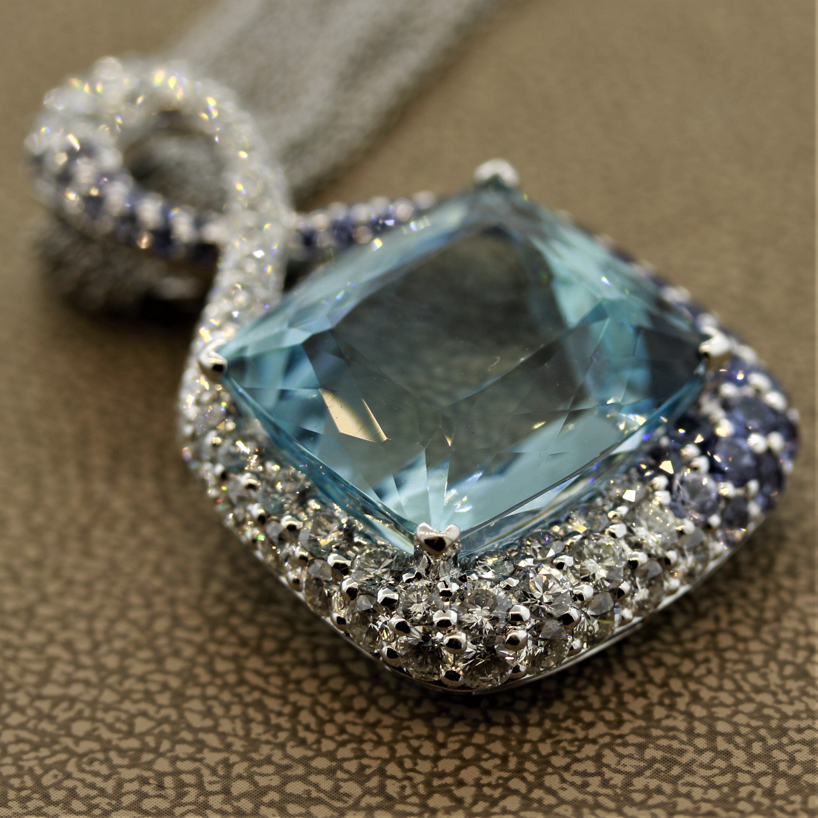 Fine Aquamarine Diamond Sapphire Gold Pendant Necklace