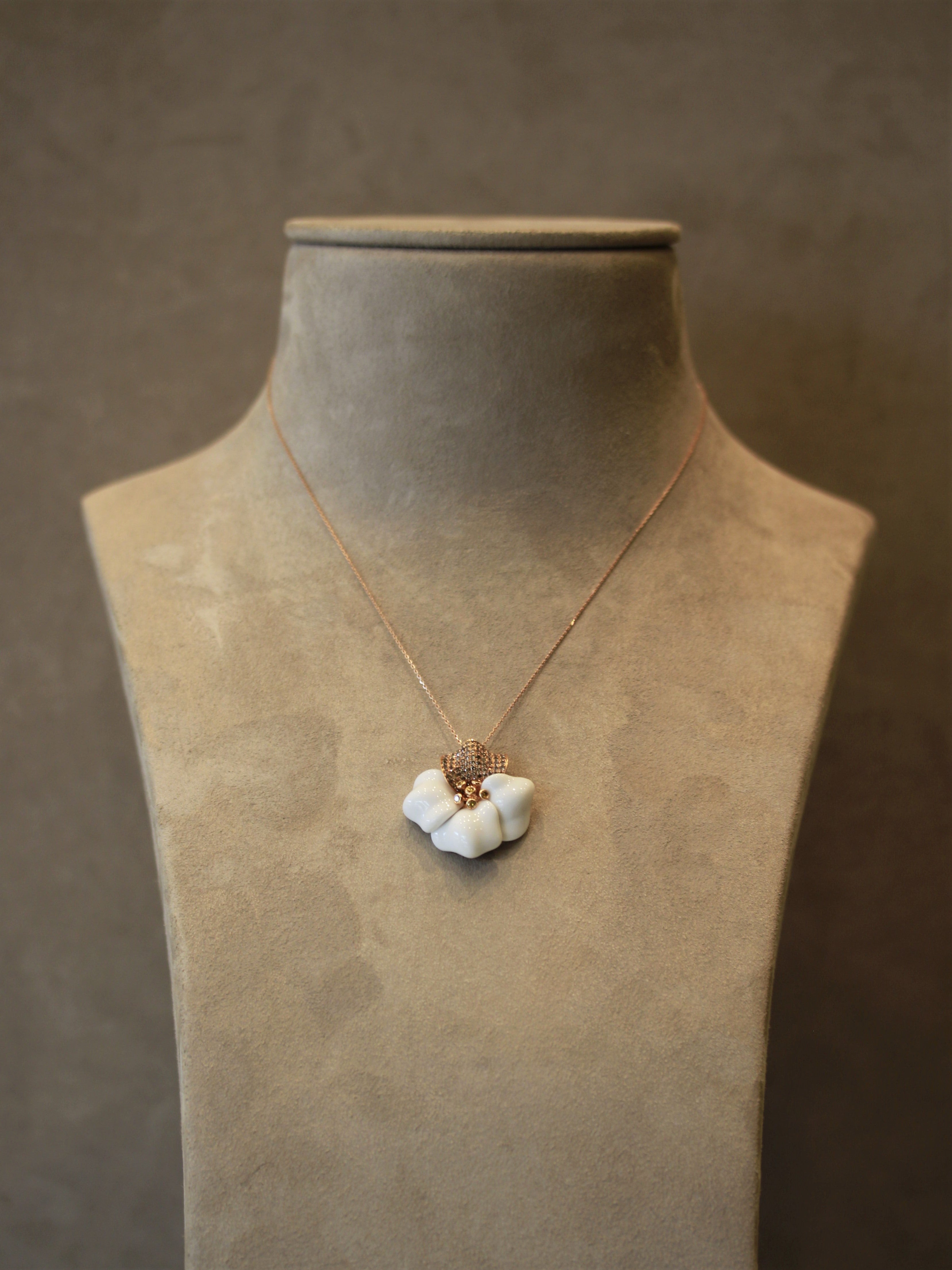 White Onyx Diamond Gold Flower Pendant Necklace