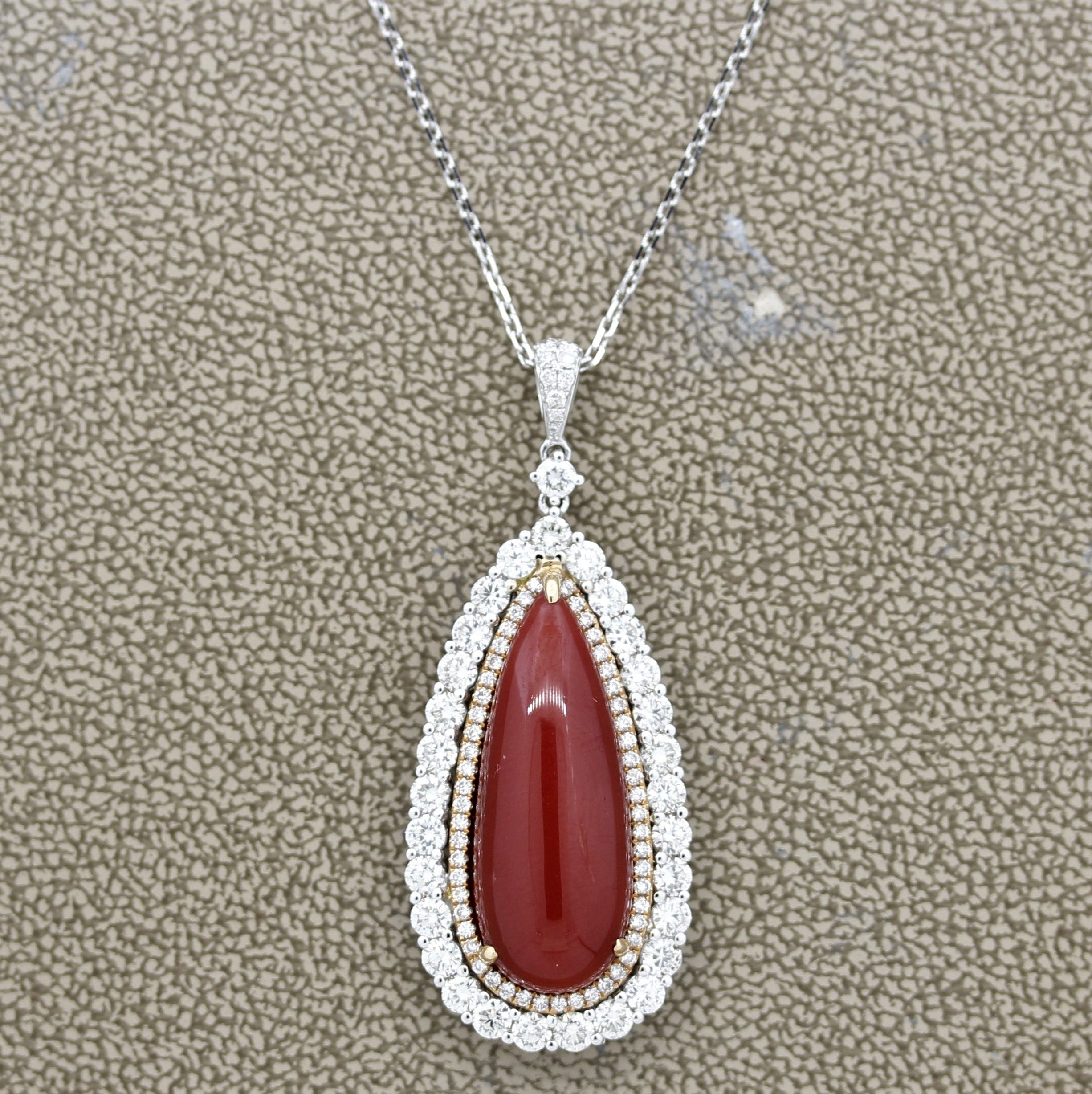 Red Coral Diamond Double-Halo Gold Drop Pendant