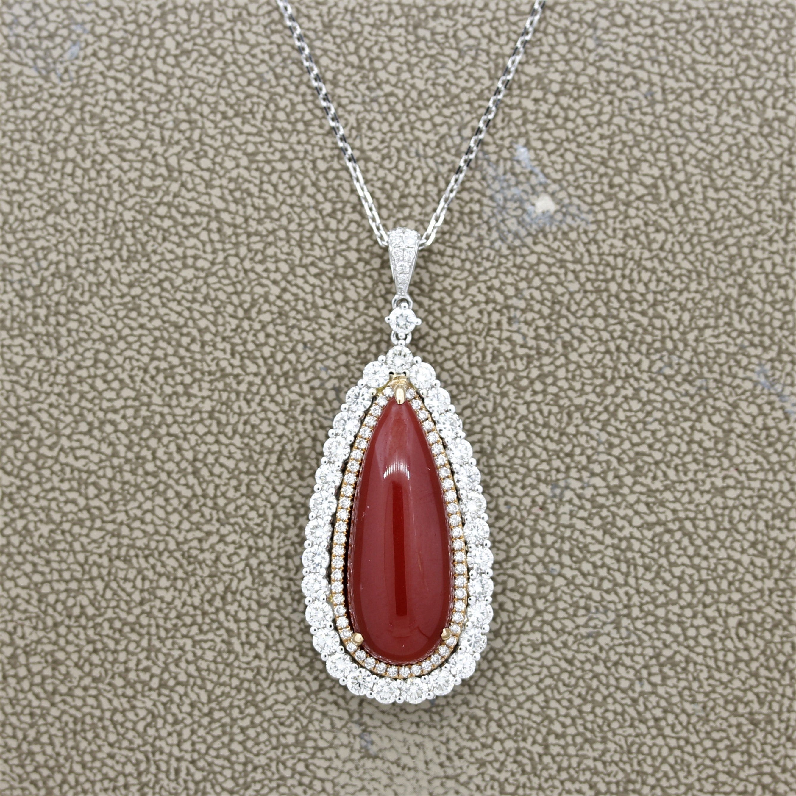 Red Coral Diamond Double-Halo Gold Drop Pendant