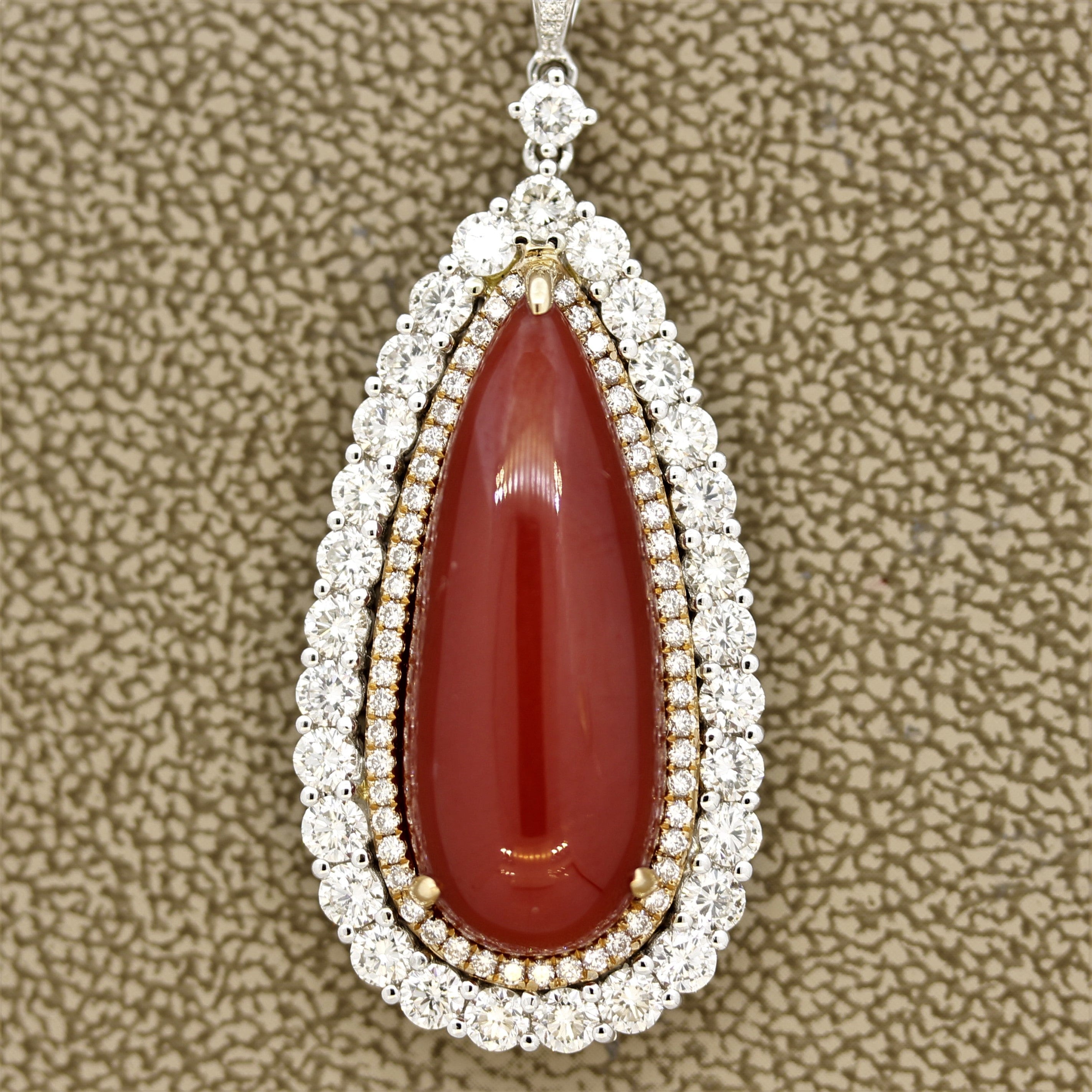 Red Coral Diamond Double-Halo Gold Drop Pendant