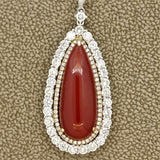 Red Coral Diamond Double-Halo Gold Drop Pendant