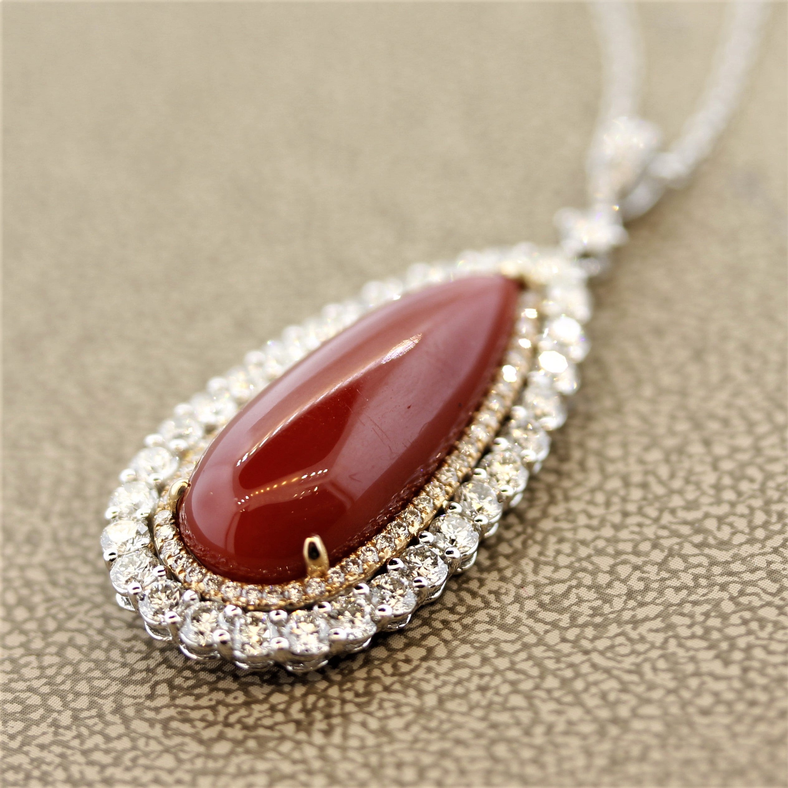 Red Coral Diamond Double-Halo Gold Drop Pendant