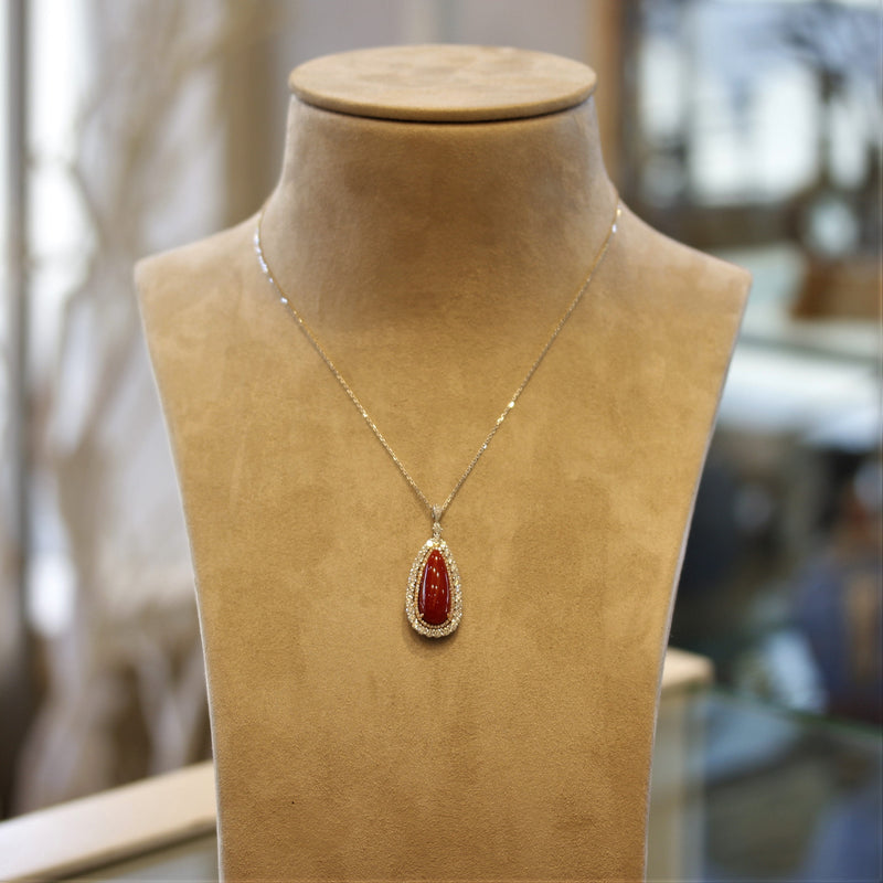 Red Coral Diamond Double-Halo Gold Drop Pendant