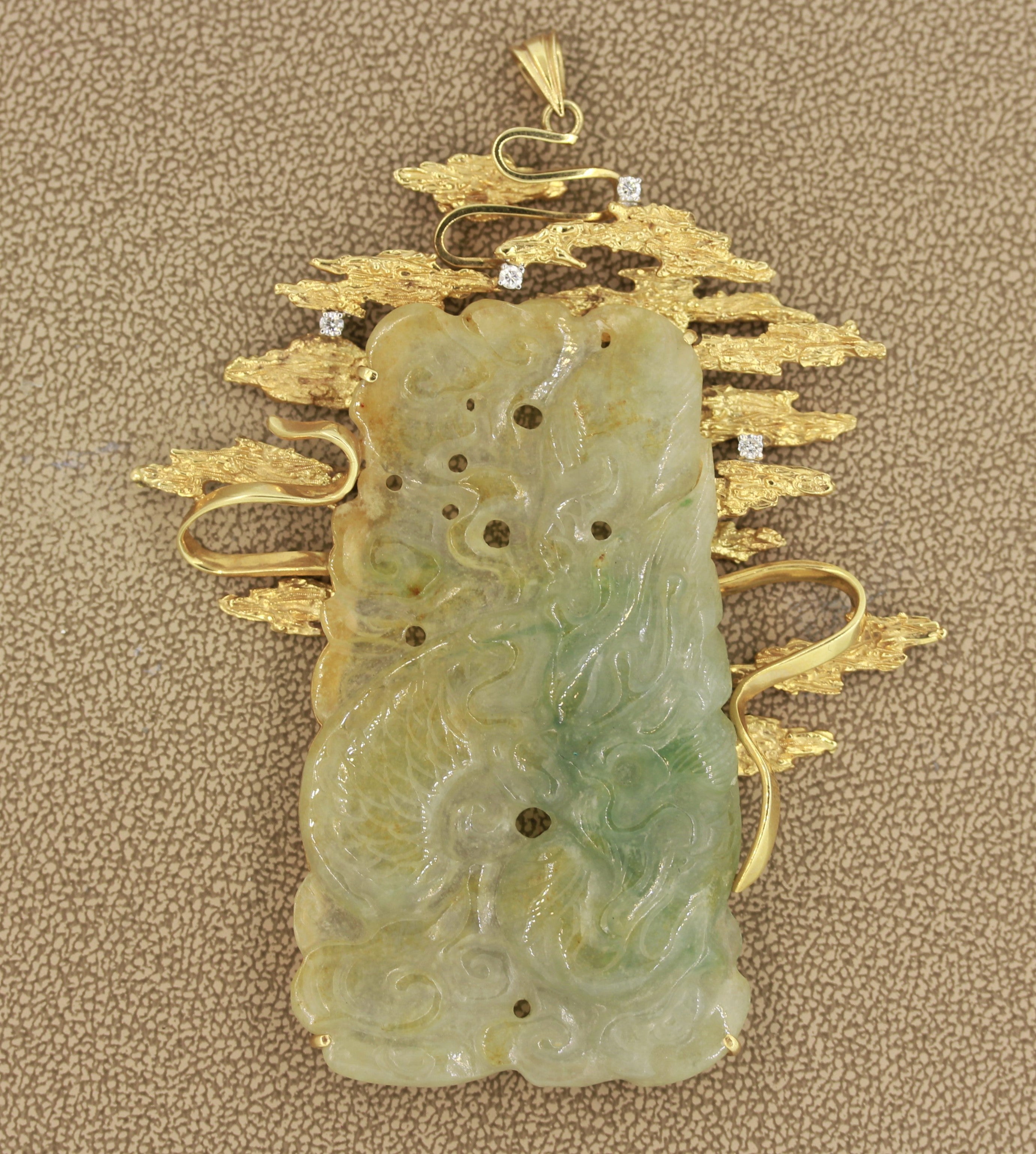 Large Carved Jade Diamond Gold Pendant