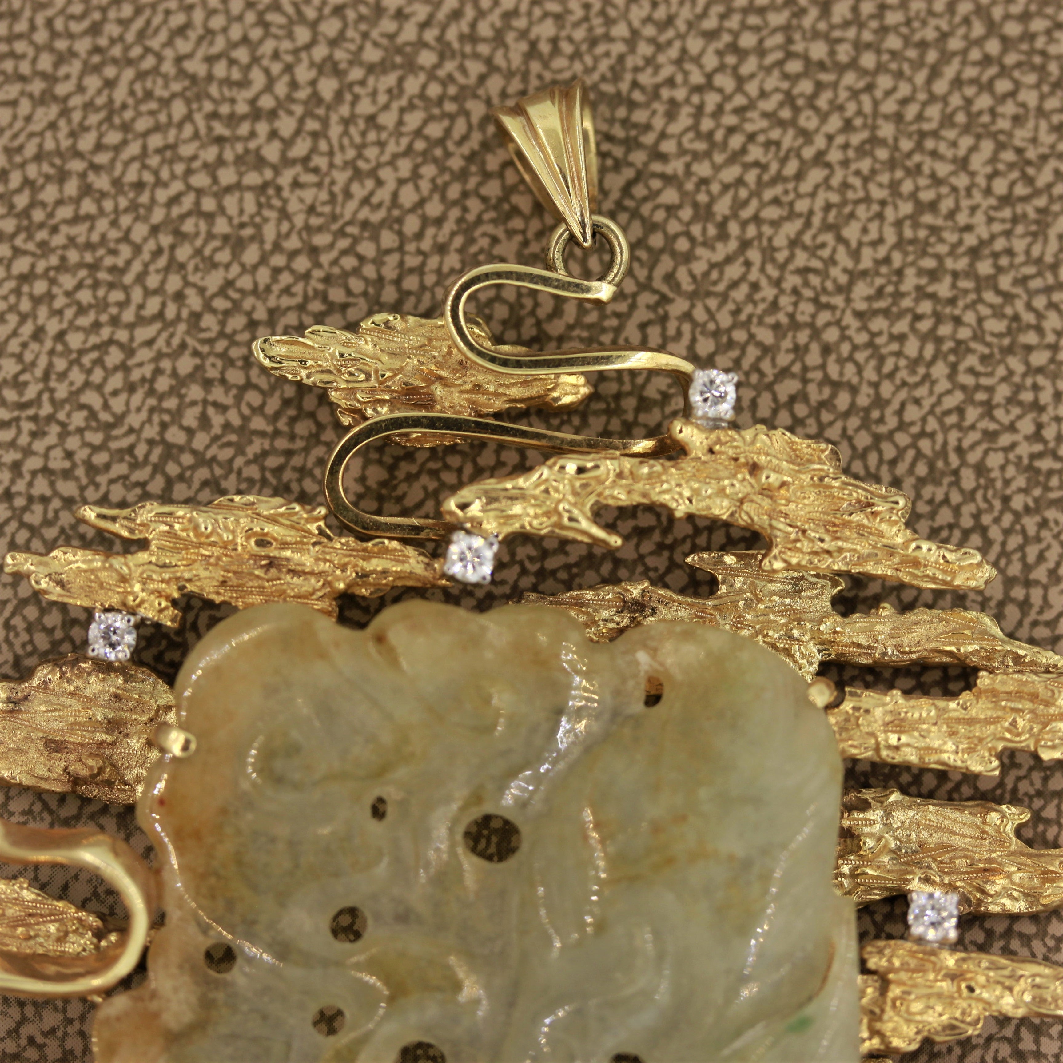 Large Carved Jade Diamond Gold Pendant