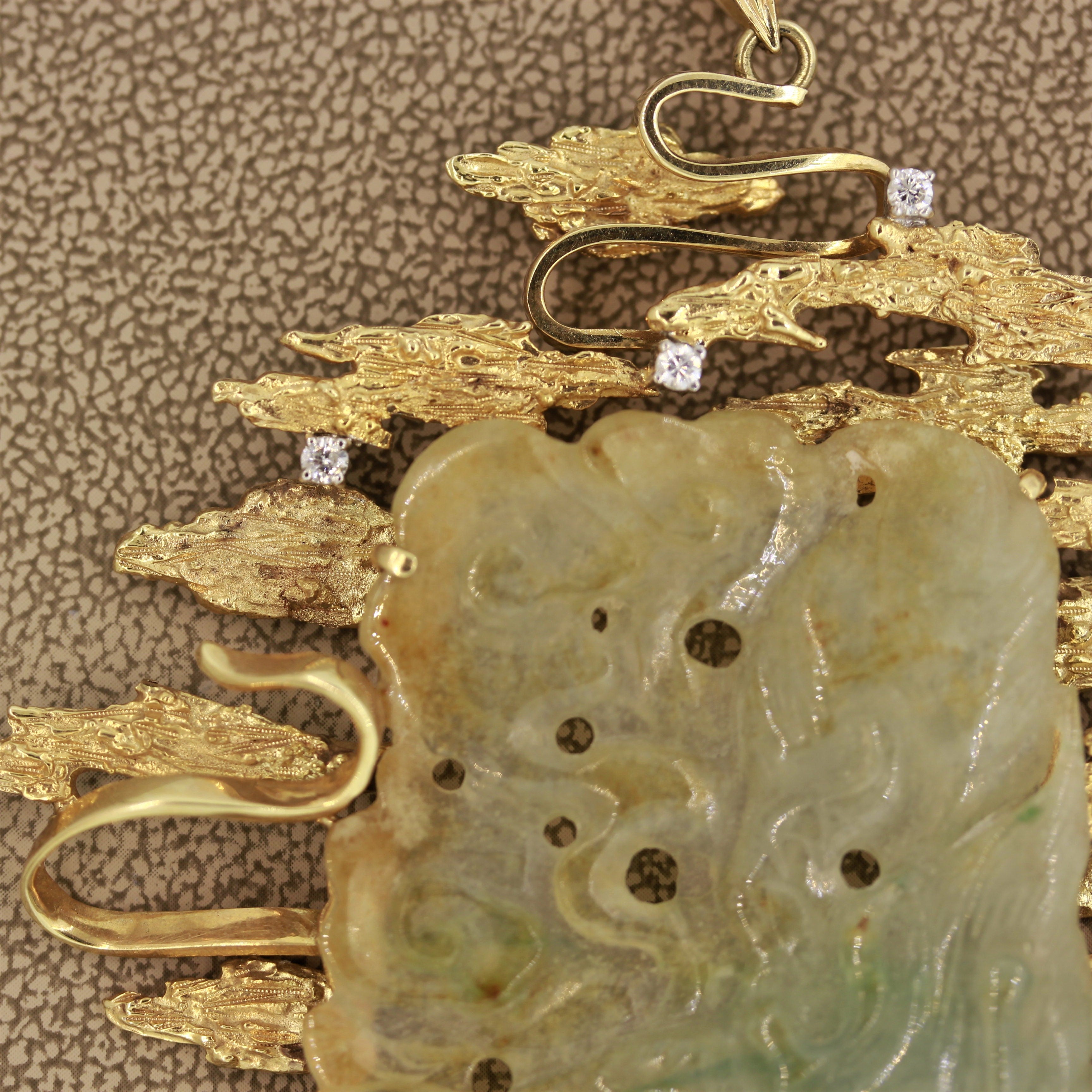 Large Carved Jade Diamond Gold Pendant