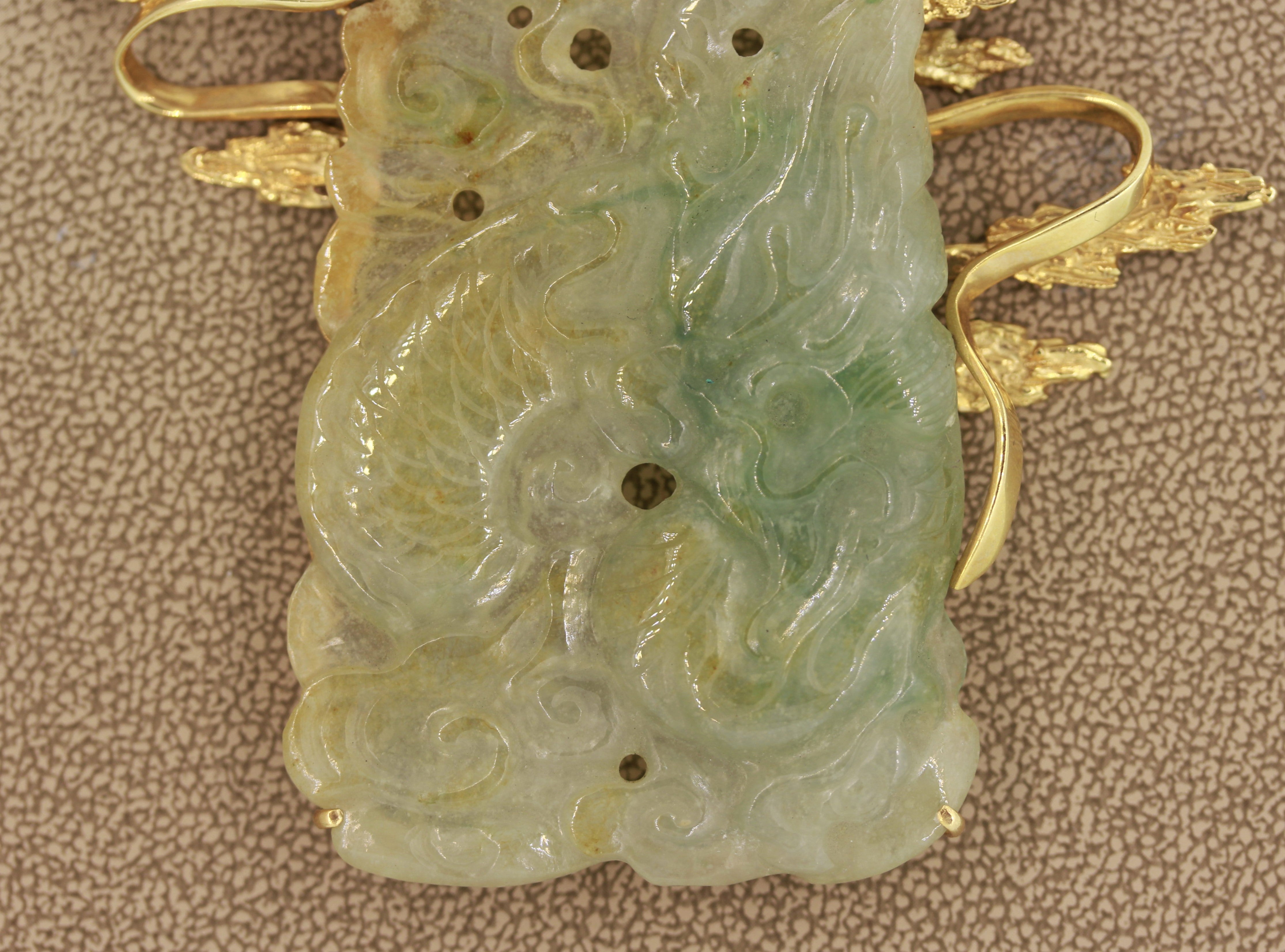 Large Carved Jade Diamond Gold Pendant