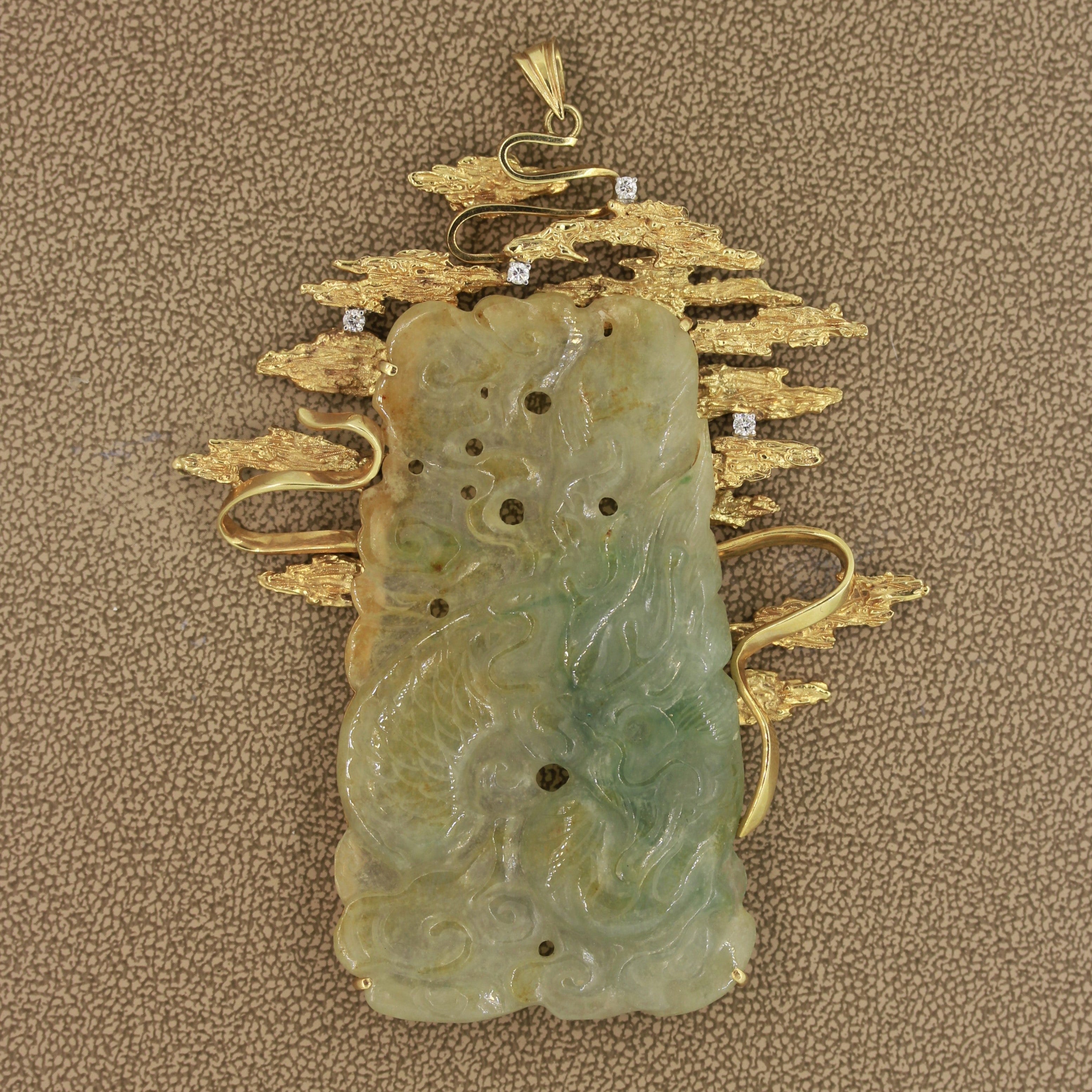 Large Carved Jade Diamond Gold Pendant