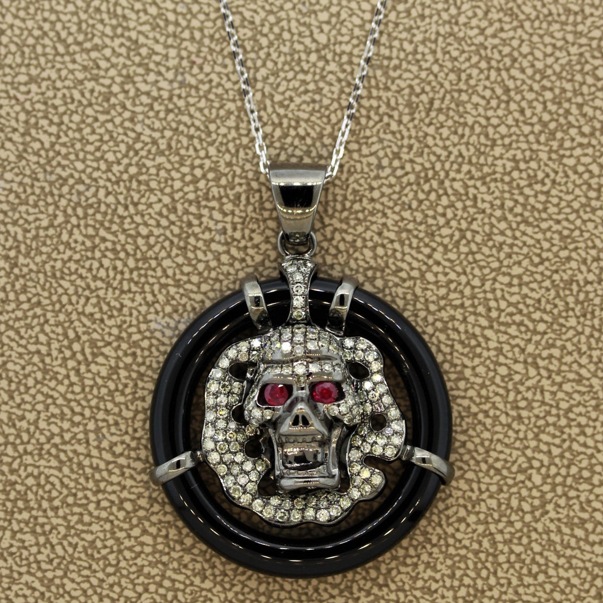 Diamond Ruby Black-Onyx Gold Skull Pendant