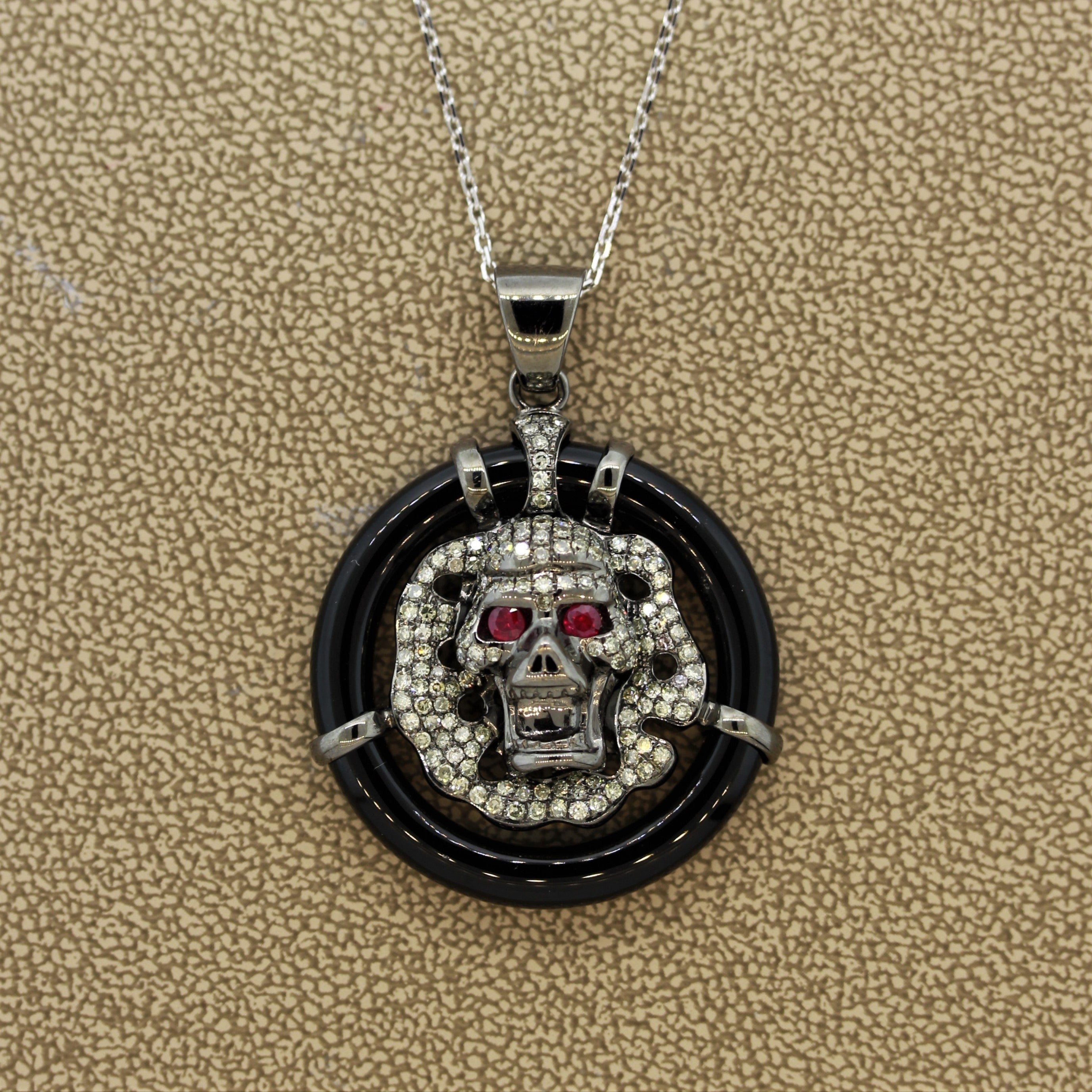 Diamond Ruby Black-Onyx Gold Skull Pendant