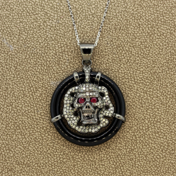 Diamond Ruby Black-Onyx Gold Skull Pendant
