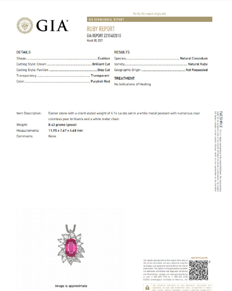 4.14 Carat Unheated Ruby Diamond Gold Pendant, GIA Certified