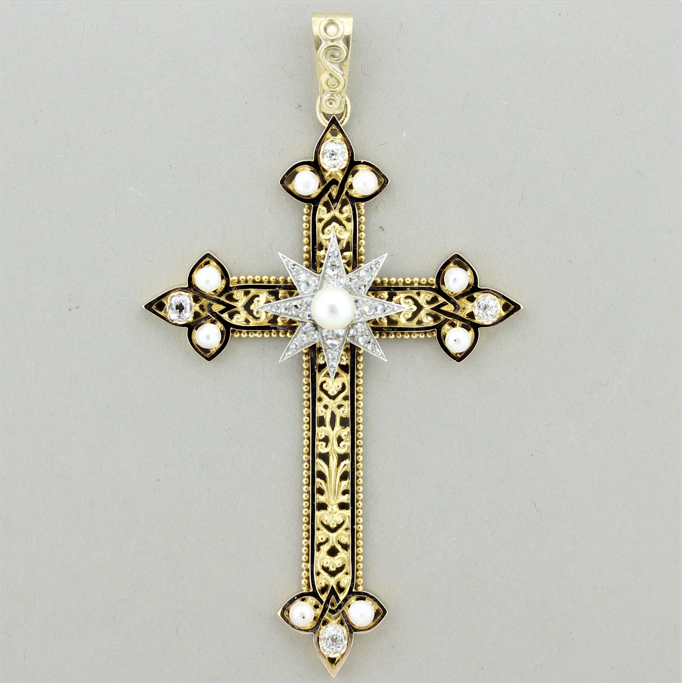 Superb Victorian Antique Diamond Pearl Gold Cross Pendant