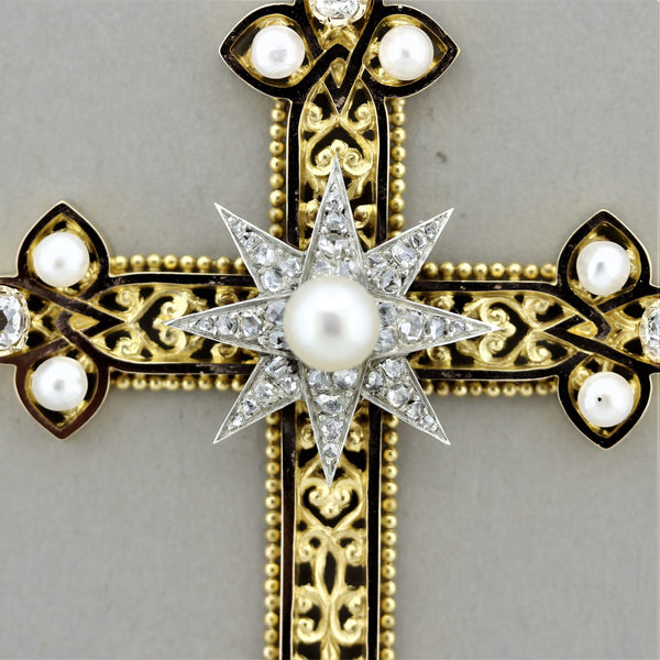 Superb Victorian Antique Diamond Pearl Gold Cross Pendant