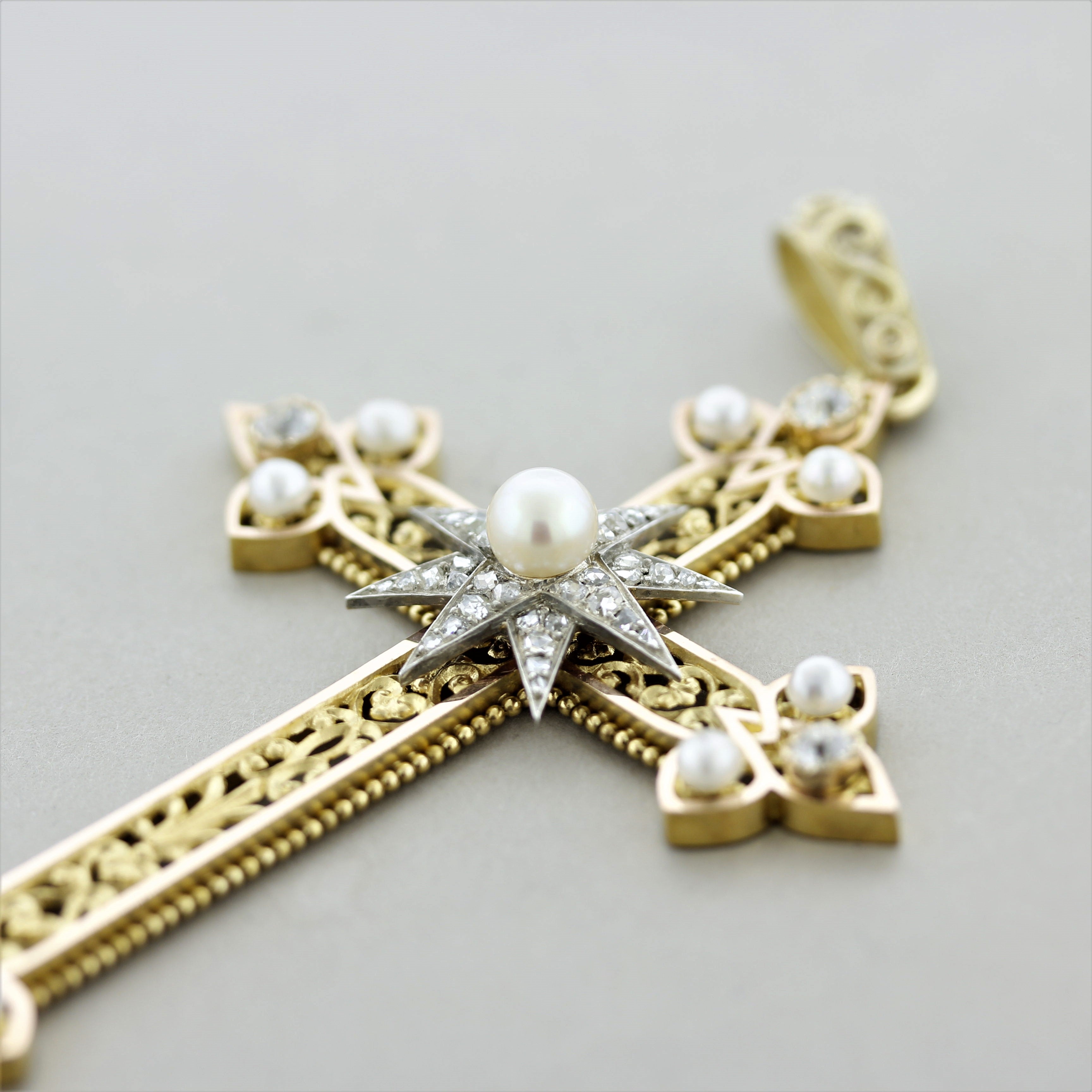 Superb Victorian Antique Diamond Pearl Gold Cross Pendant