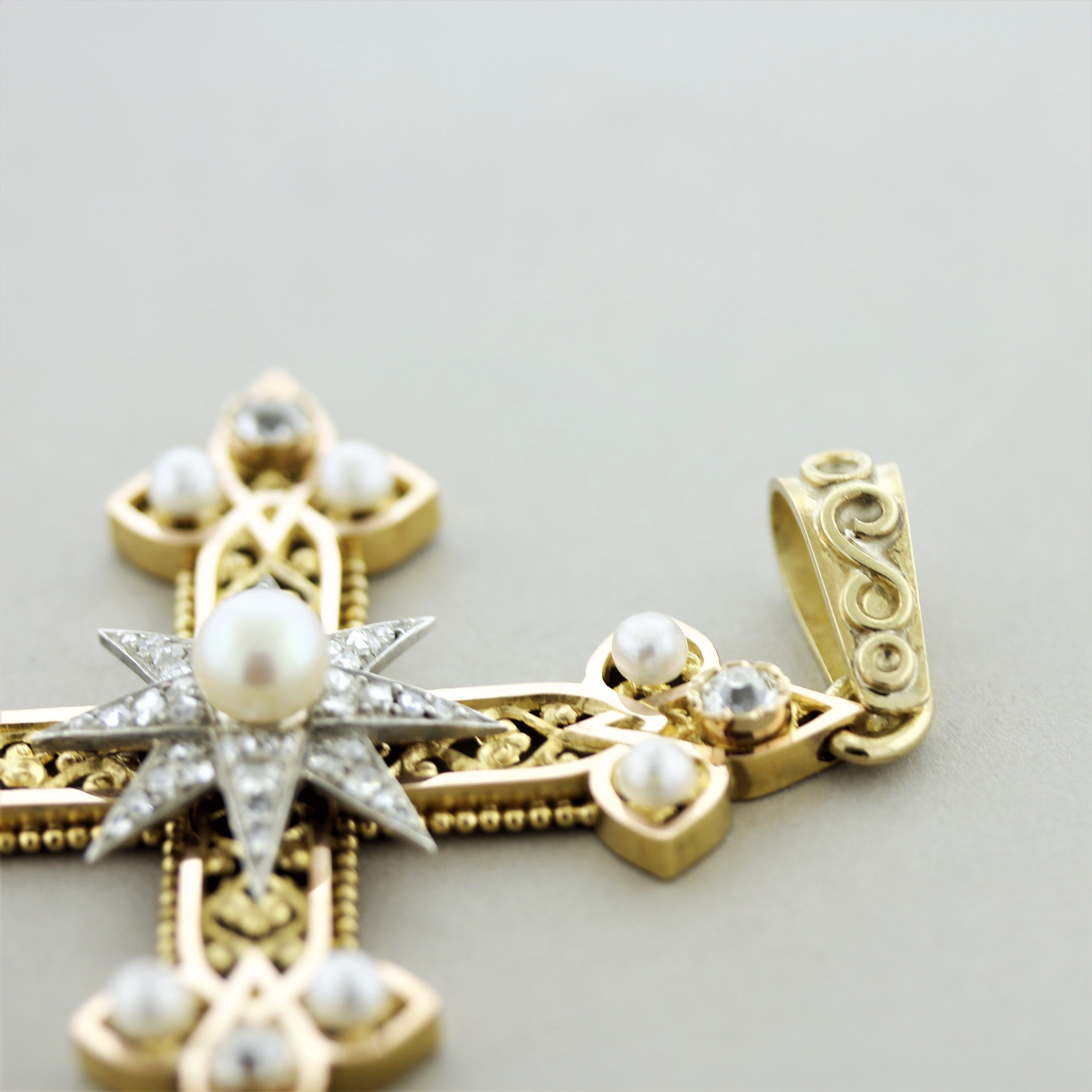 Superb Victorian Antique Diamond Pearl Gold Cross Pendant