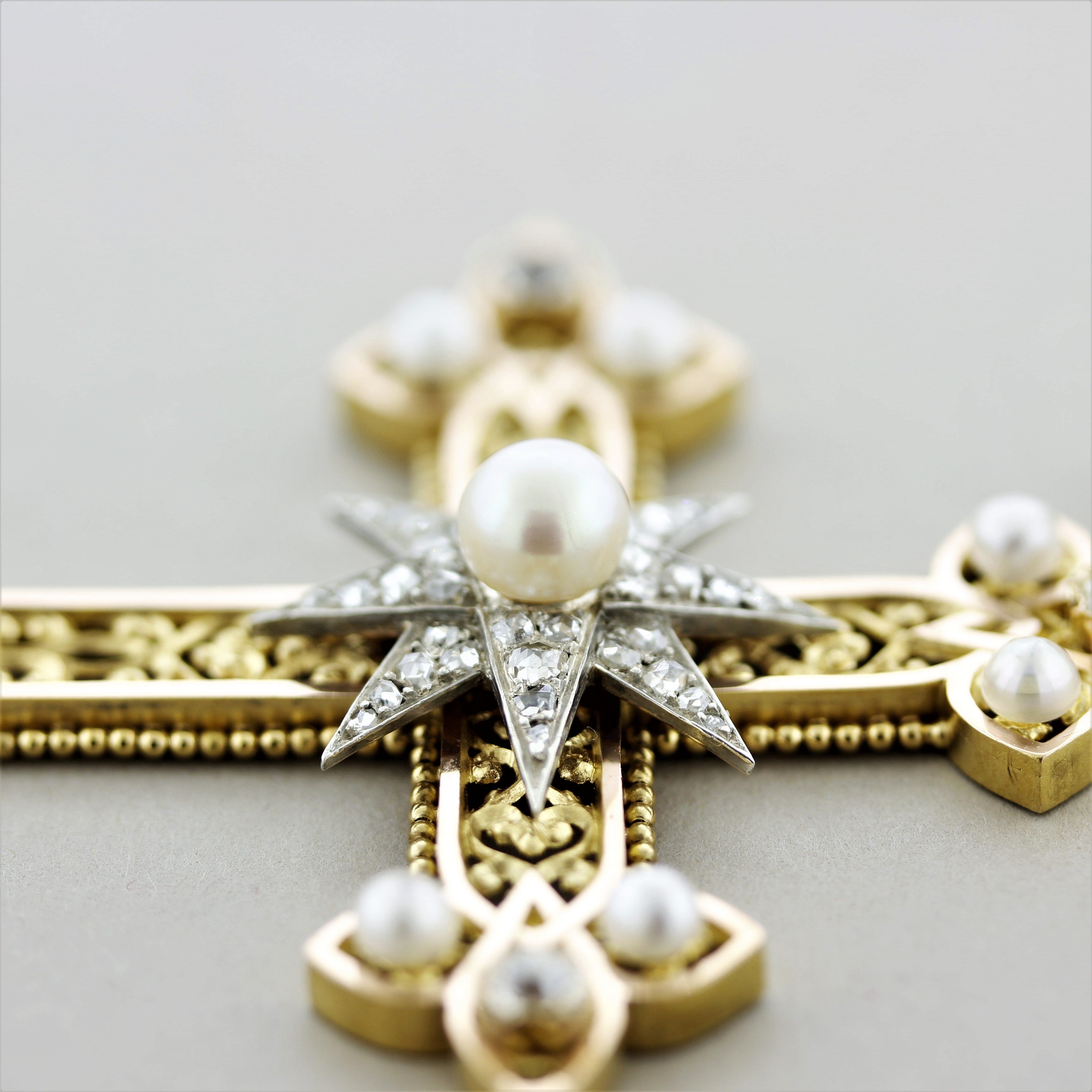 Superb Victorian Antique Diamond Pearl Gold Cross Pendant