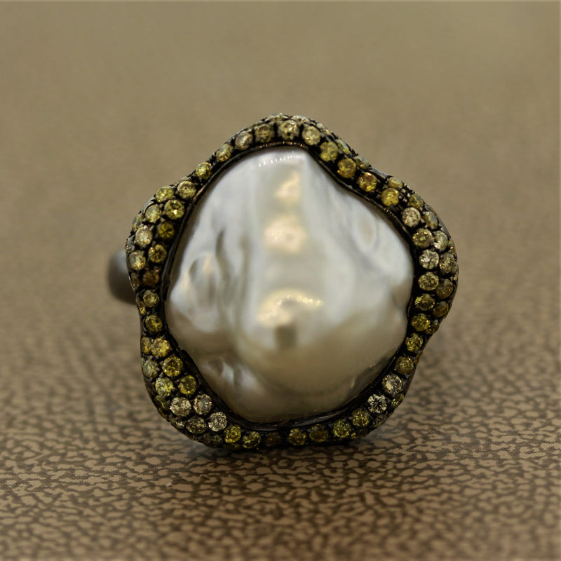 Baroque South Sea Pearl Diamond Gold Ring