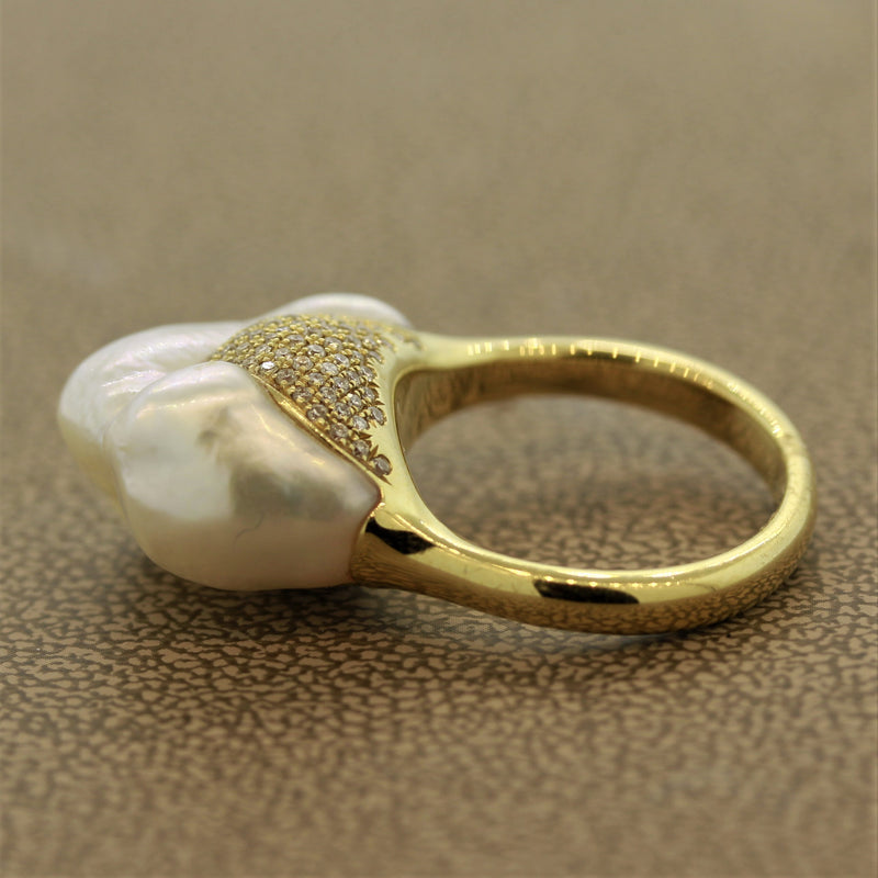 Baroque South Sea Pearl Diamond Gold “Mountain” Ring