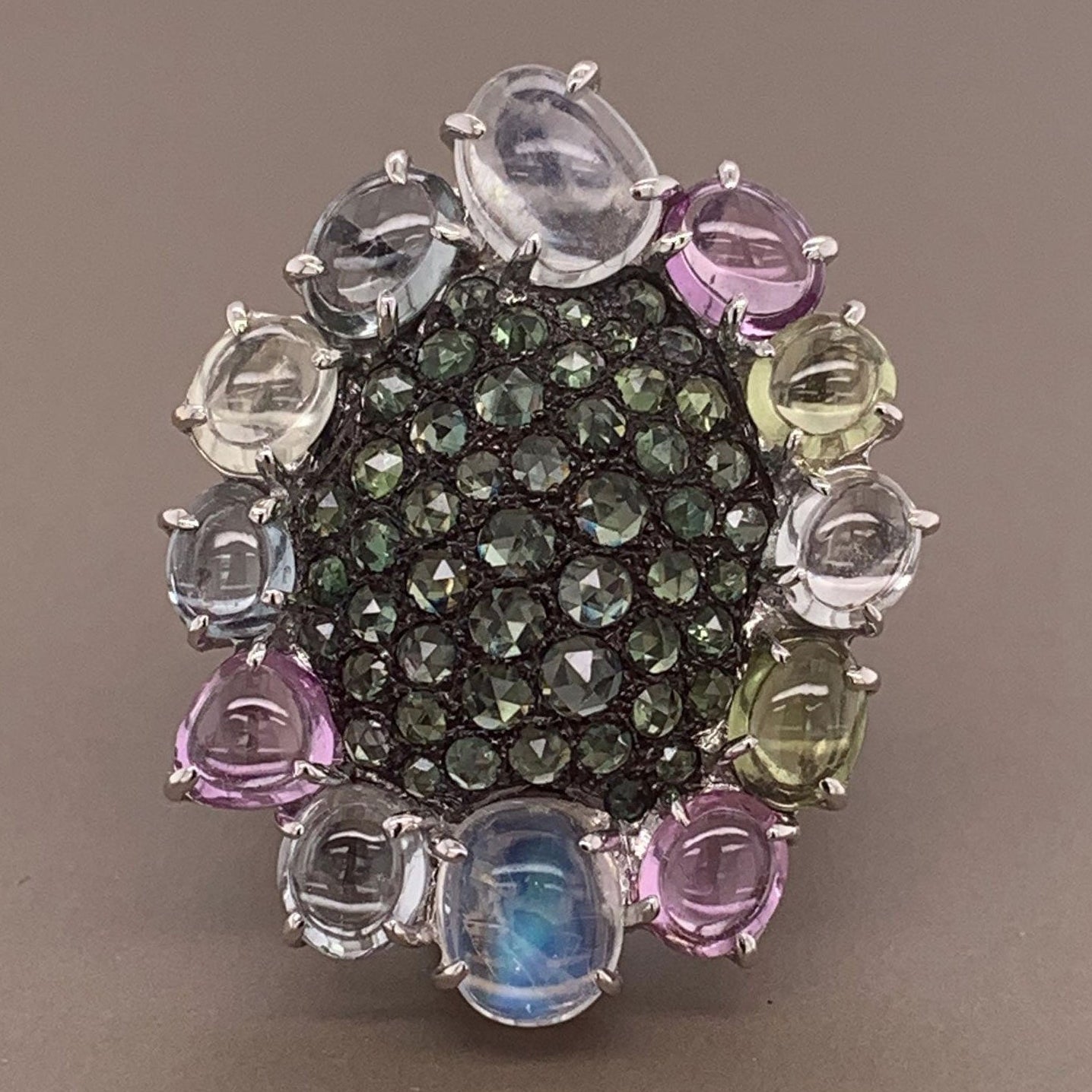 Modern Diamond Sapphire Moonstone Gold Cocktail Ring