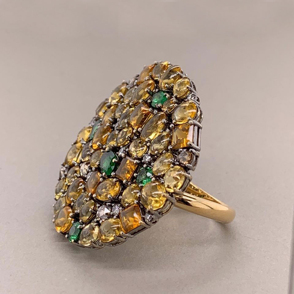 Flexible Diamond Tsavorite Sapphire Gold Cocktail Ring