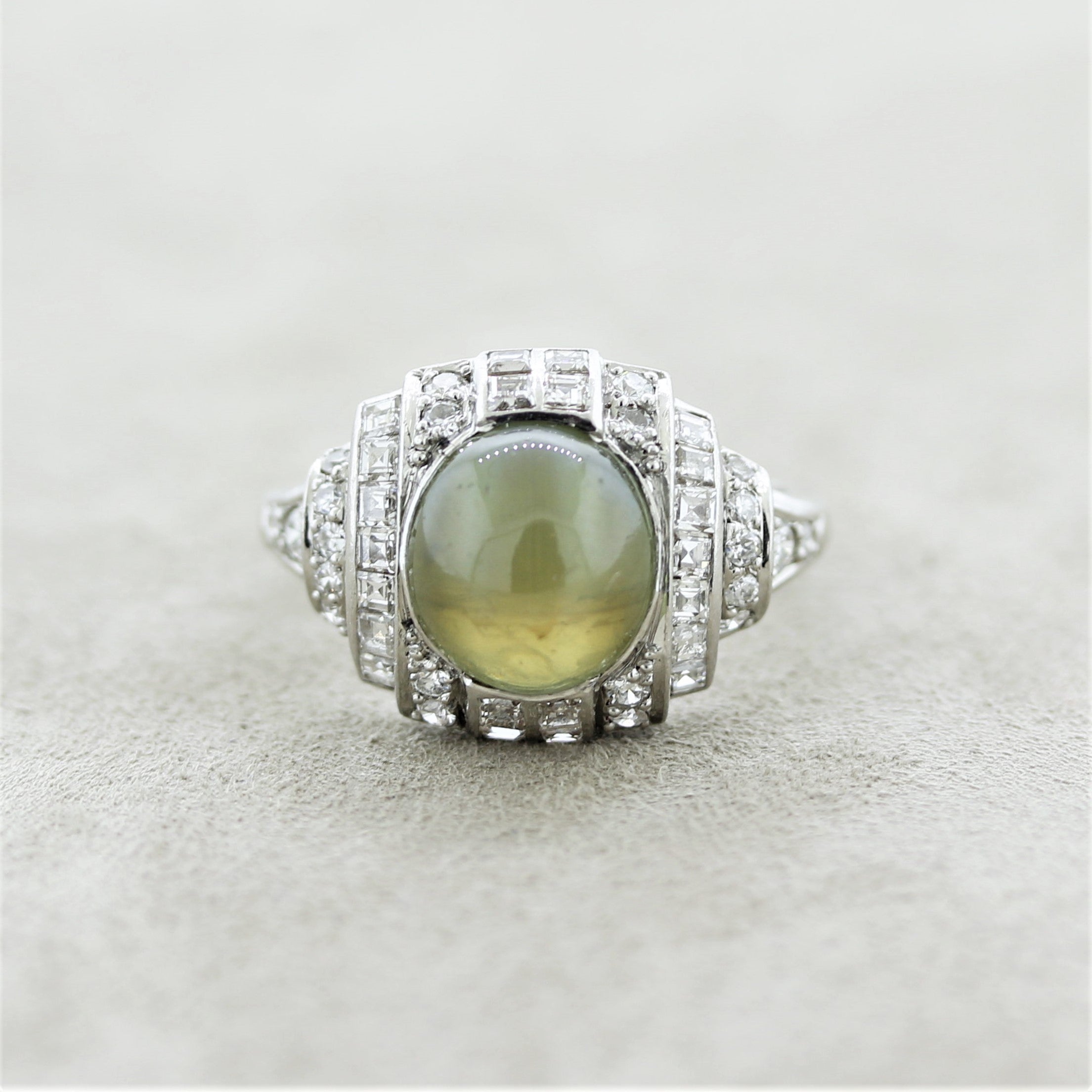 Art Deco Cats Eye Chrysoberyl Diamond Platinum Ring