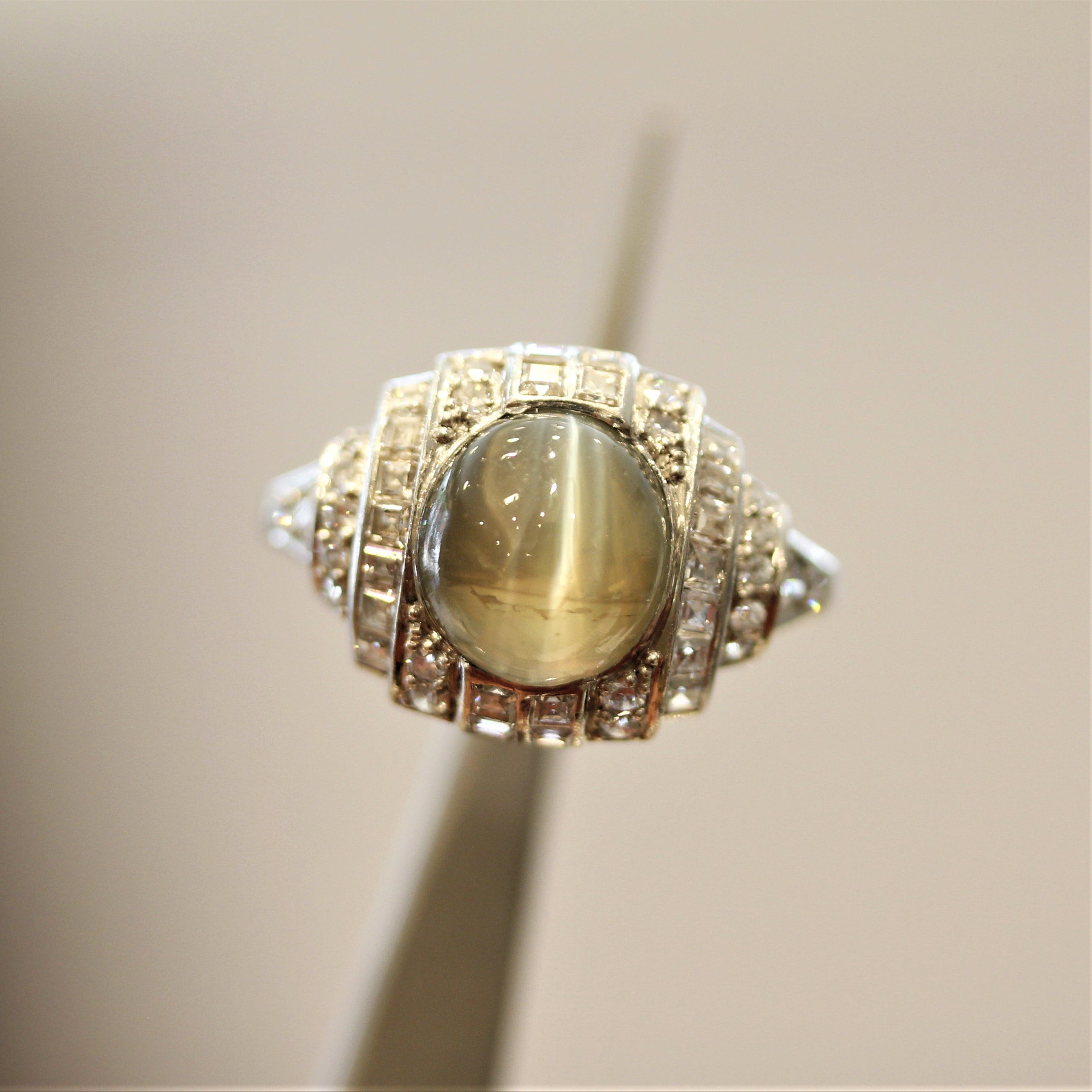 Art Deco Cats Eye Chrysoberyl Diamond Platinum Ring