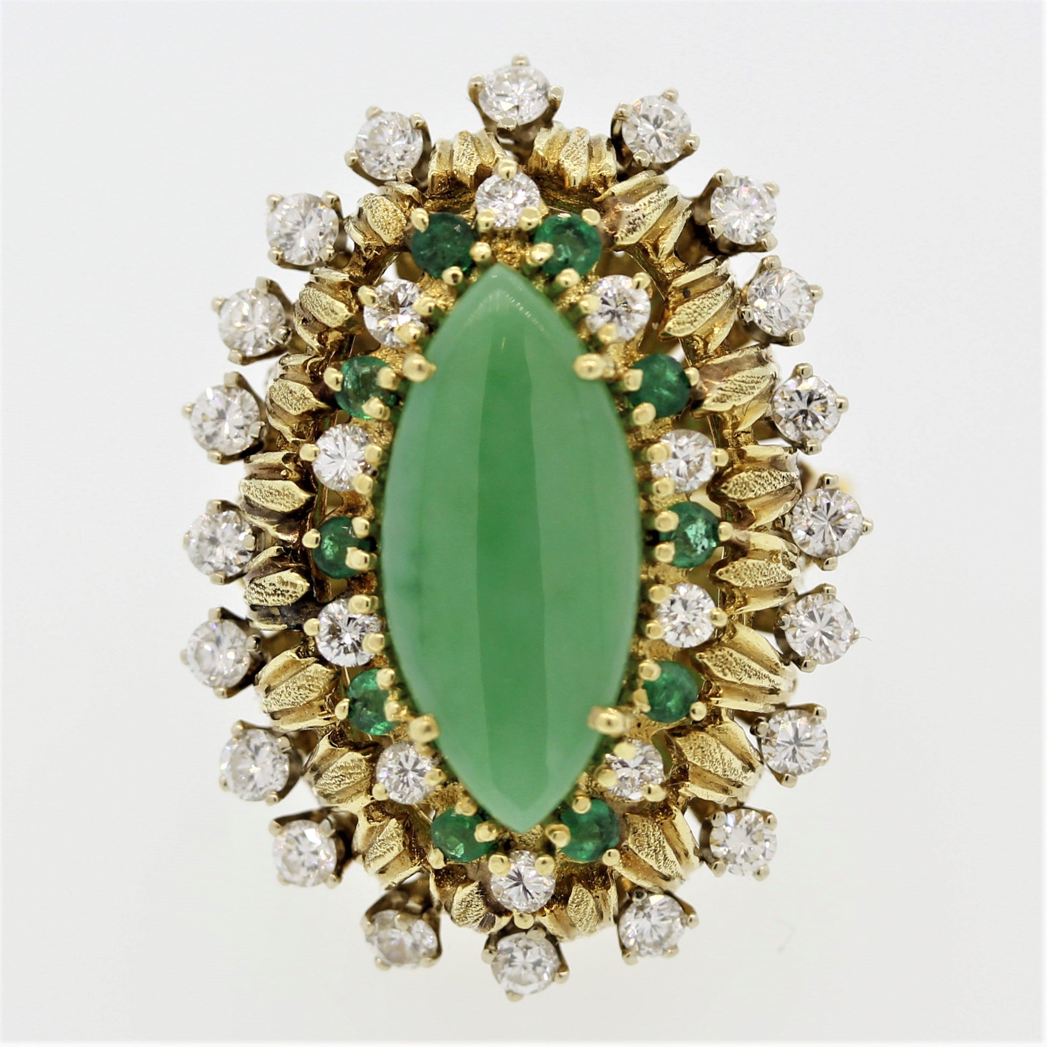 Jade Diamond Emerald Gold Cocktail Navette Ring