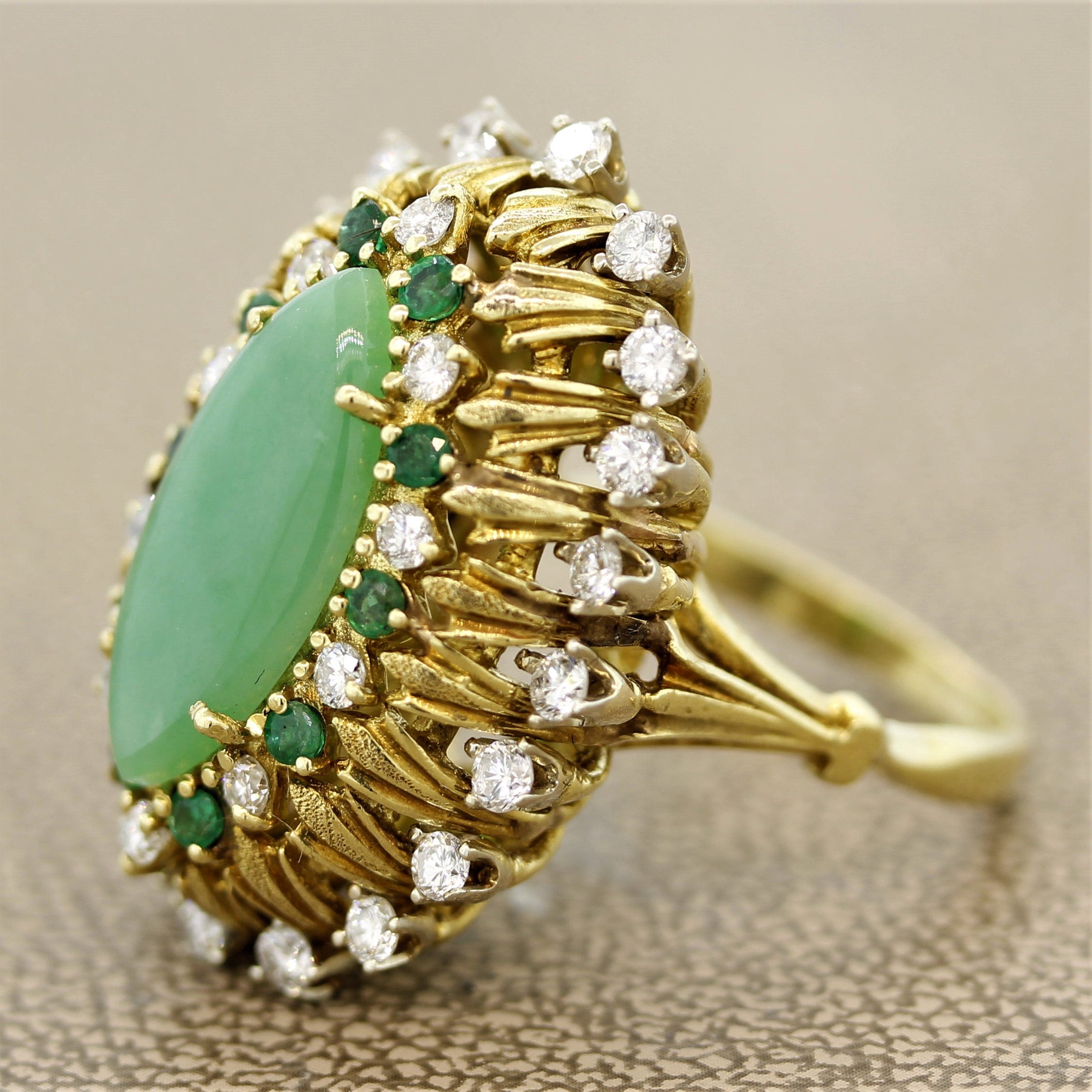 Jade Diamond Emerald Gold Cocktail Navette Ring