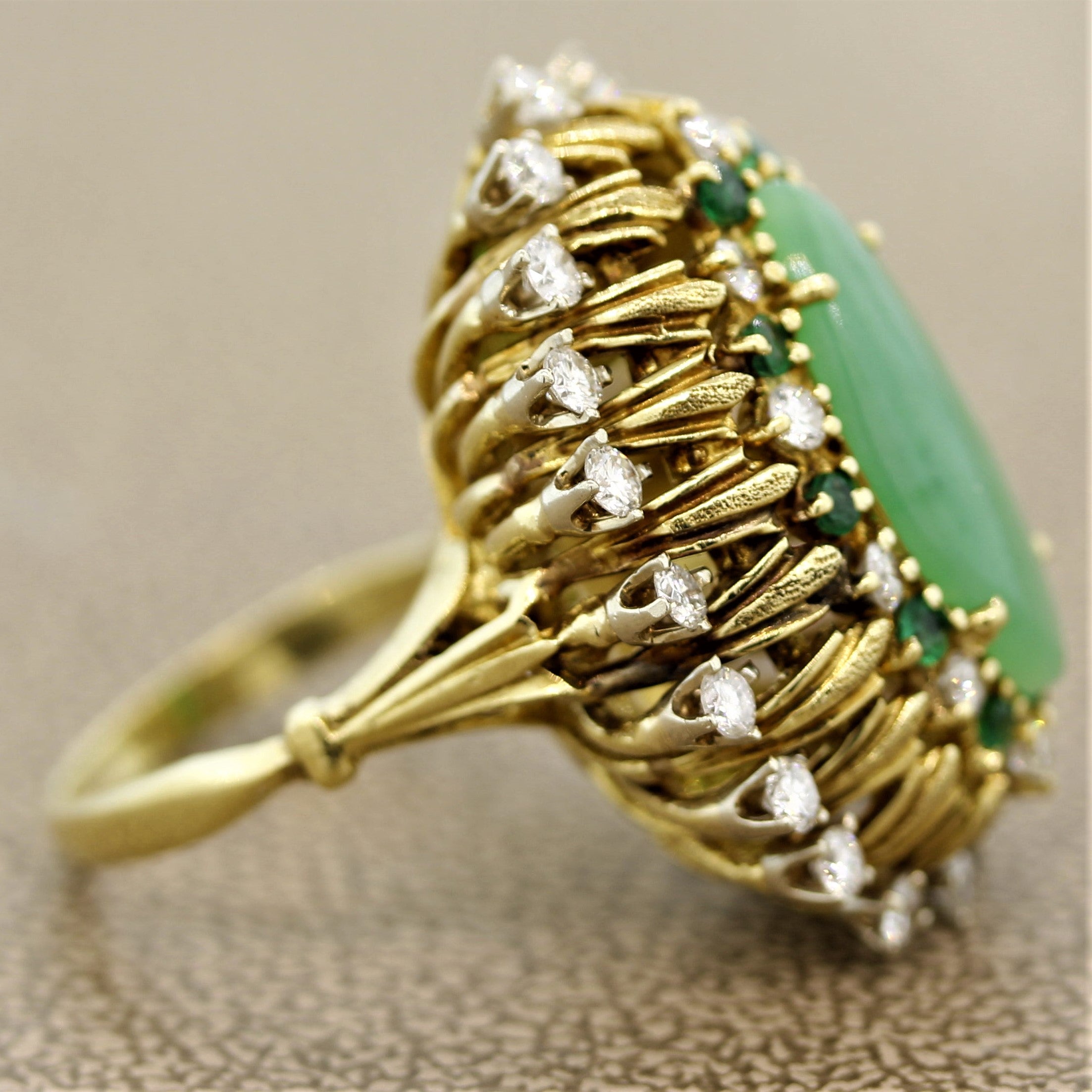 Jade Diamond Emerald Gold Cocktail Navette Ring