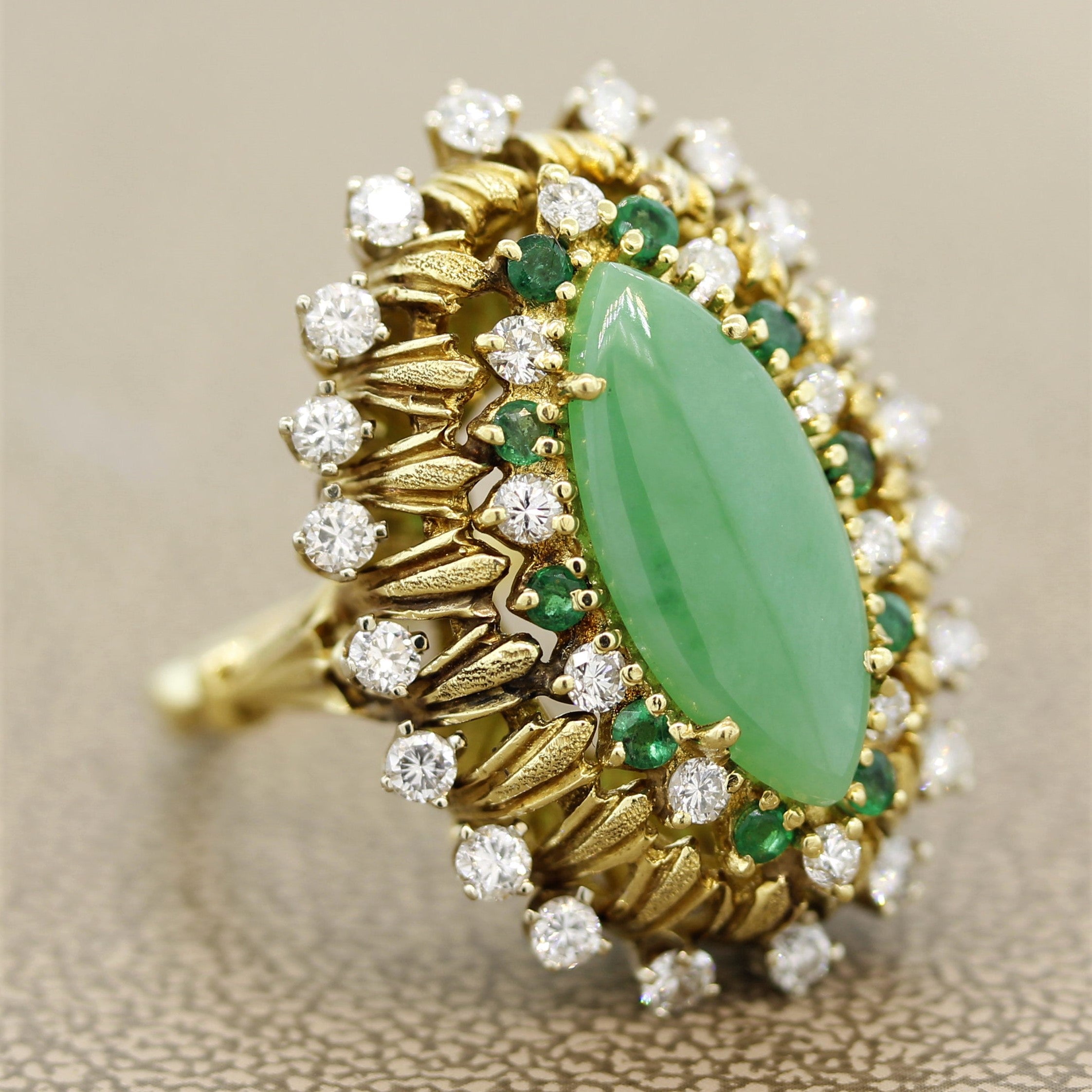 Jade Diamond Emerald Gold Cocktail Navette Ring