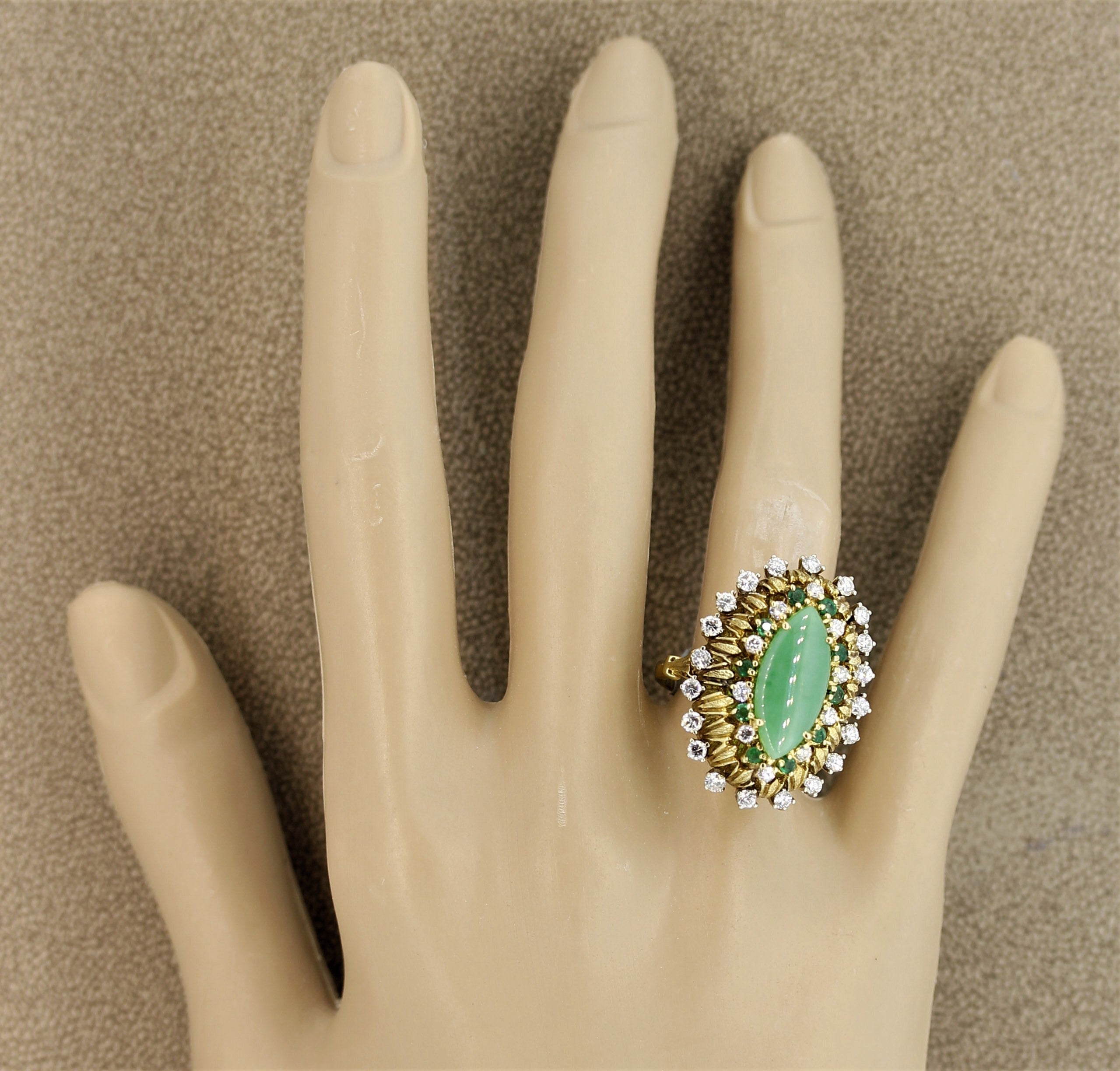 Jade Diamond Emerald Gold Cocktail Navette Ring