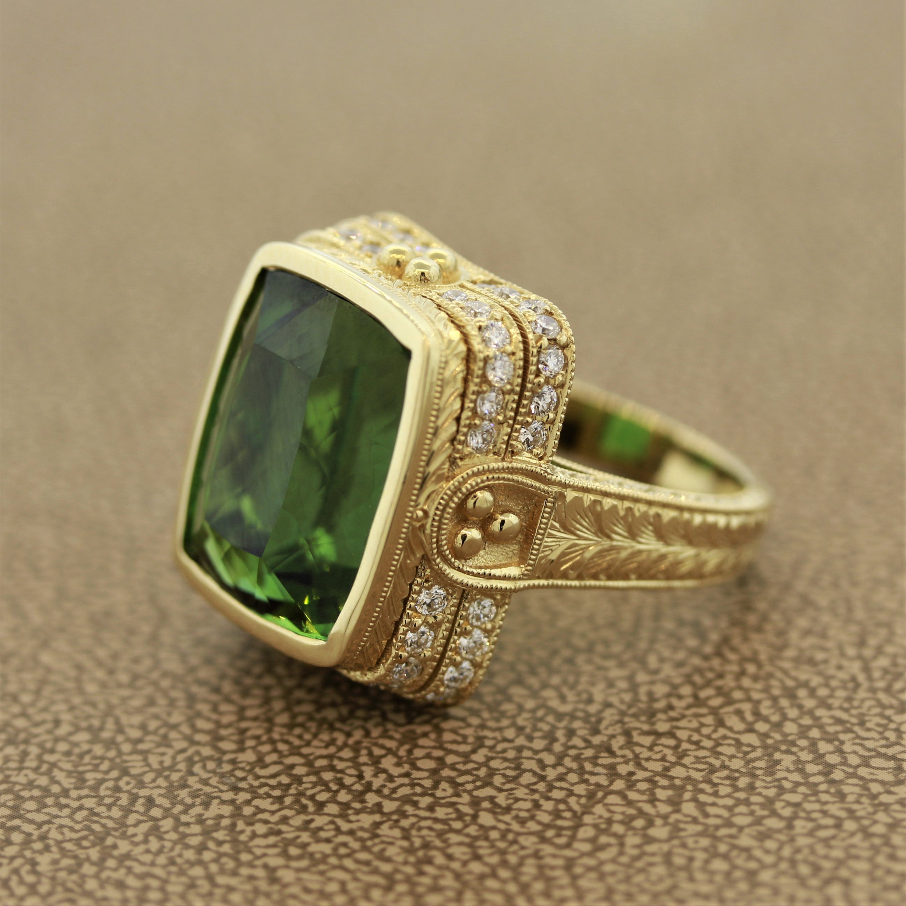 Antique Style Green Tourmaline Diamond Gold Cocktail Ring