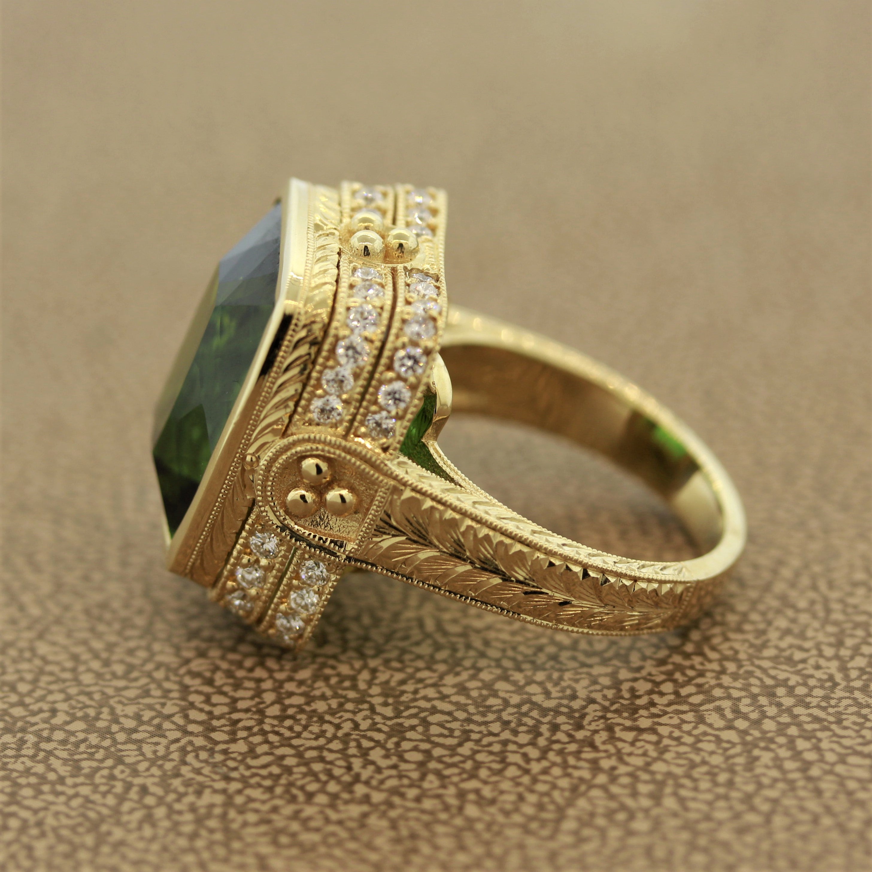 Antique Style Green Tourmaline Diamond Gold Cocktail Ring