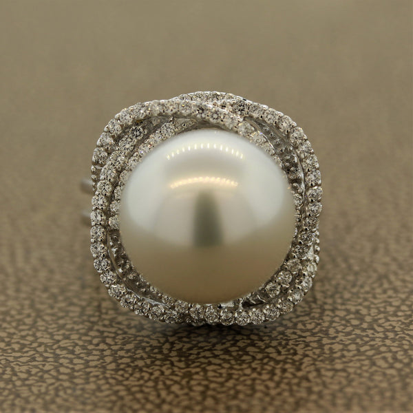 South Sea Pearl Diamond Orbit Halo Design Gold Ring