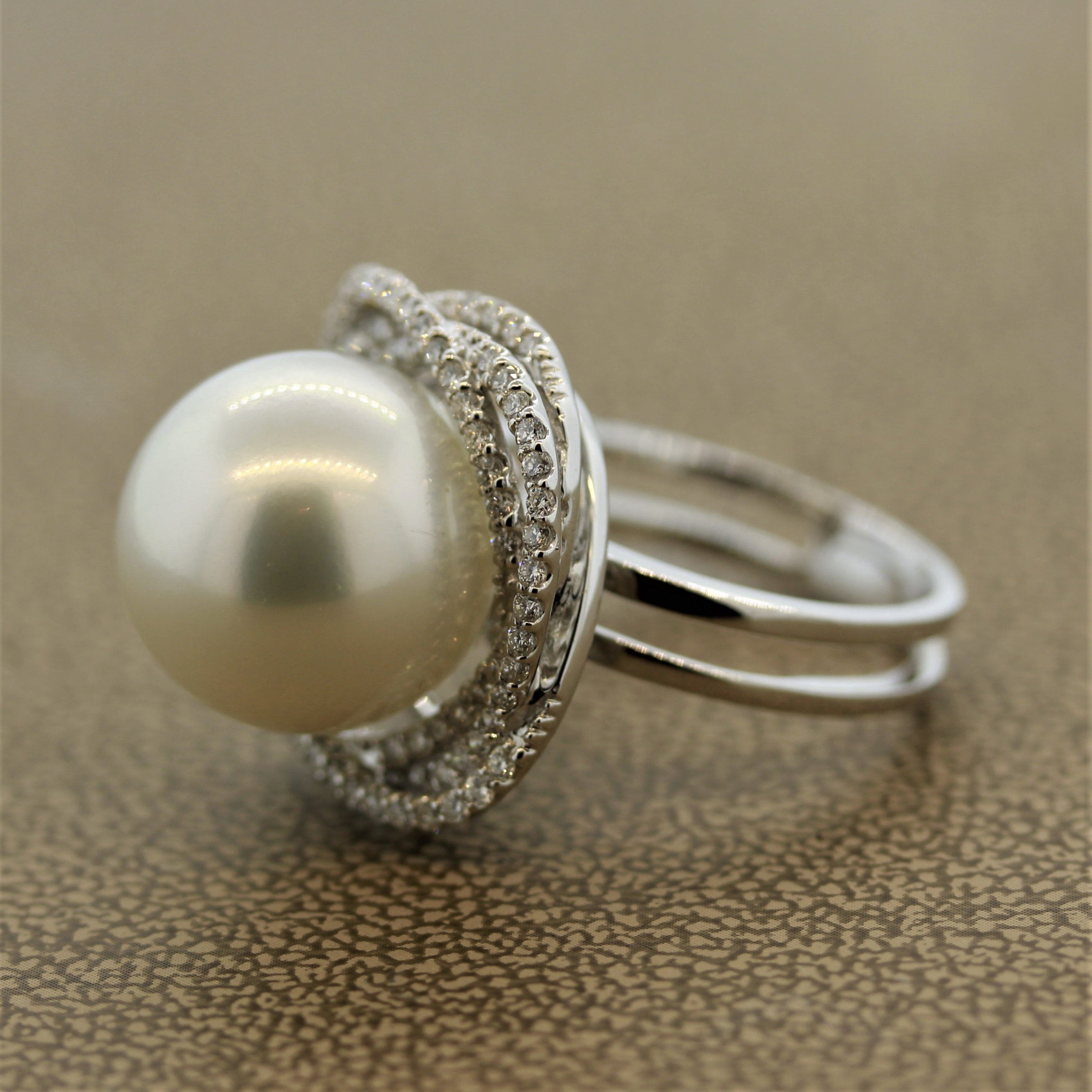 South Sea Pearl Diamond Orbit Halo Design Gold Ring