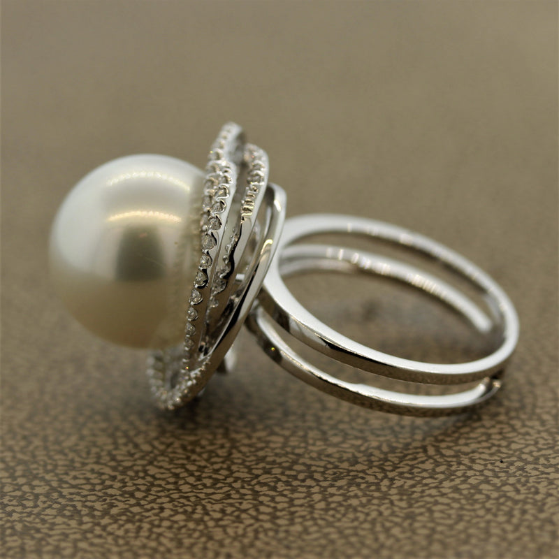 South Sea Pearl Diamond Orbit Halo Design Gold Ring