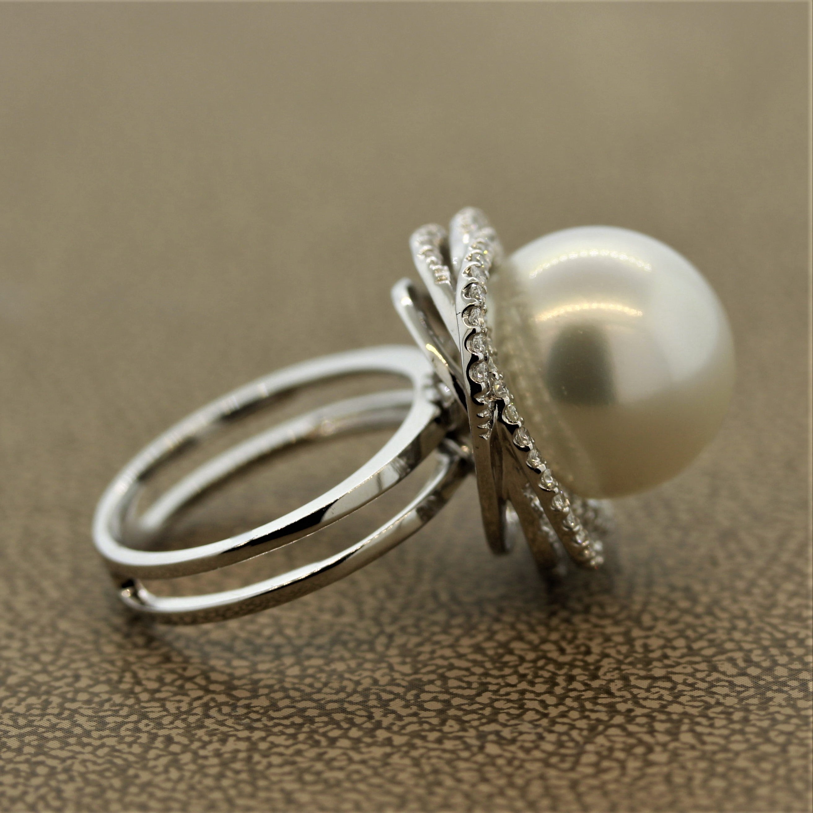 South Sea Pearl Diamond Orbit Halo Design Gold Ring