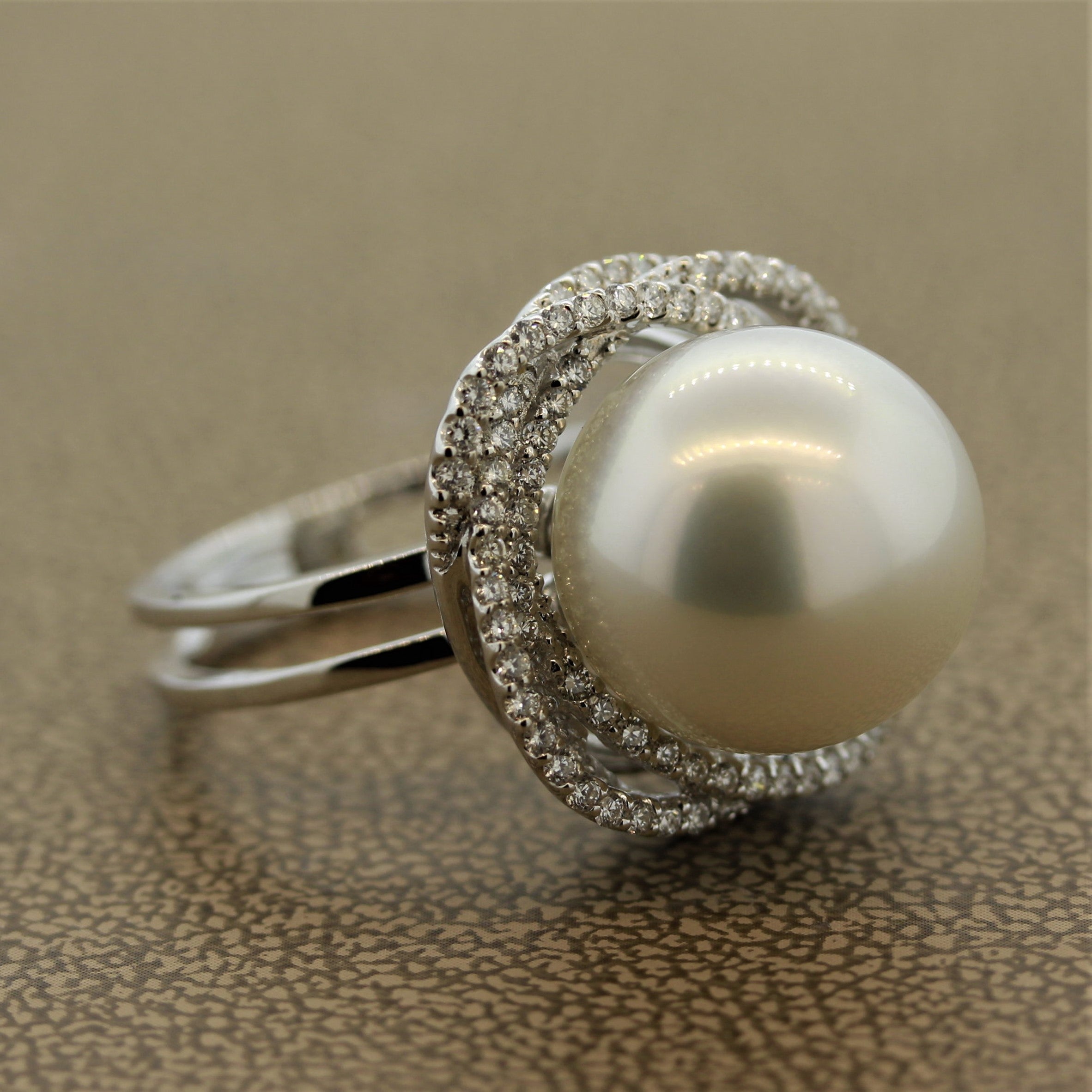 South Sea Pearl Diamond Orbit Halo Design Gold Ring