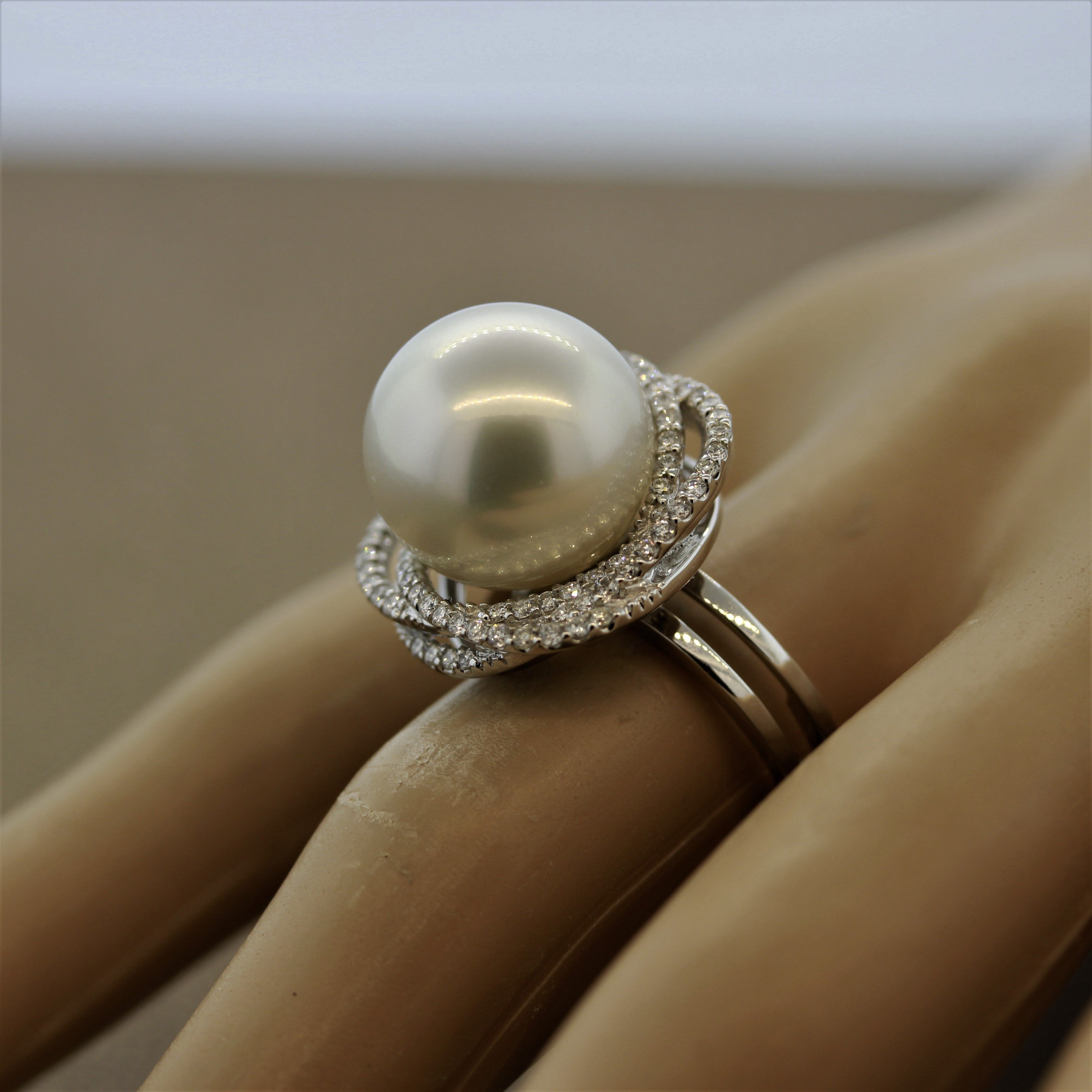 South Sea Pearl Diamond Orbit Halo Design Gold Ring