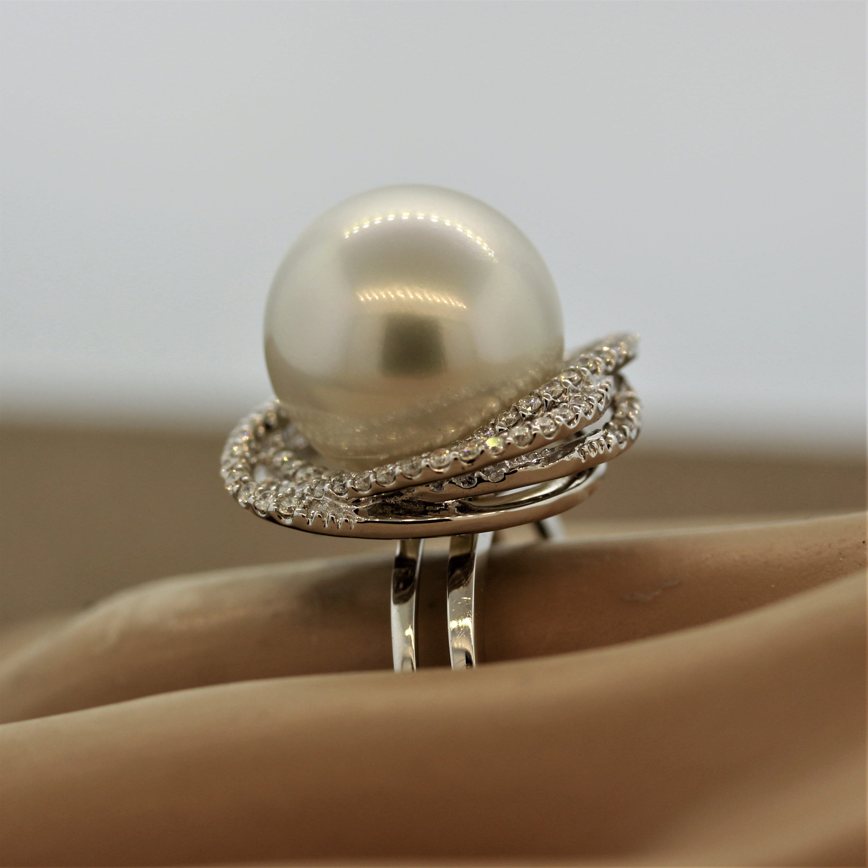 South Sea Pearl Diamond Orbit Halo Design Gold Ring