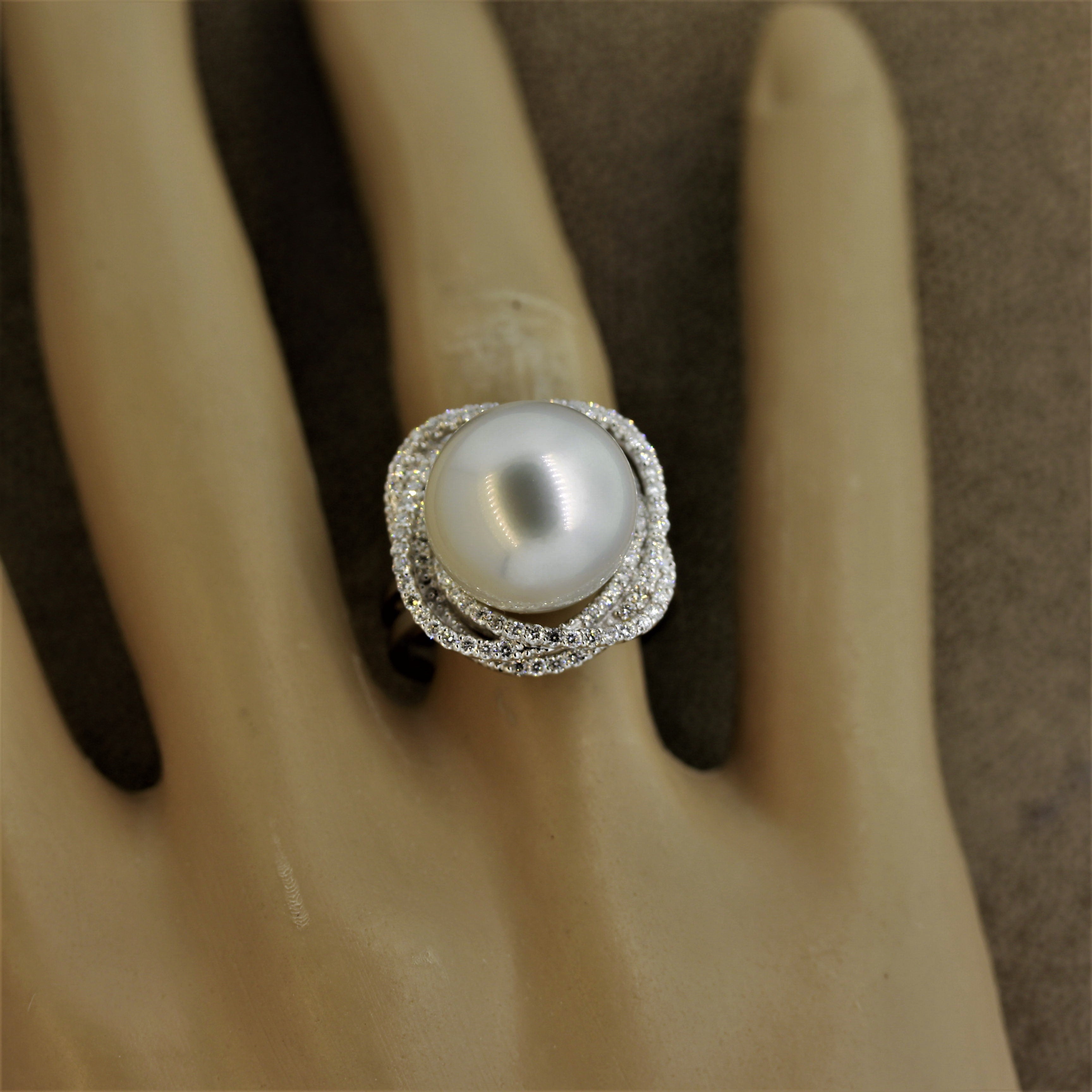 South Sea Pearl Diamond Orbit Halo Design Gold Ring