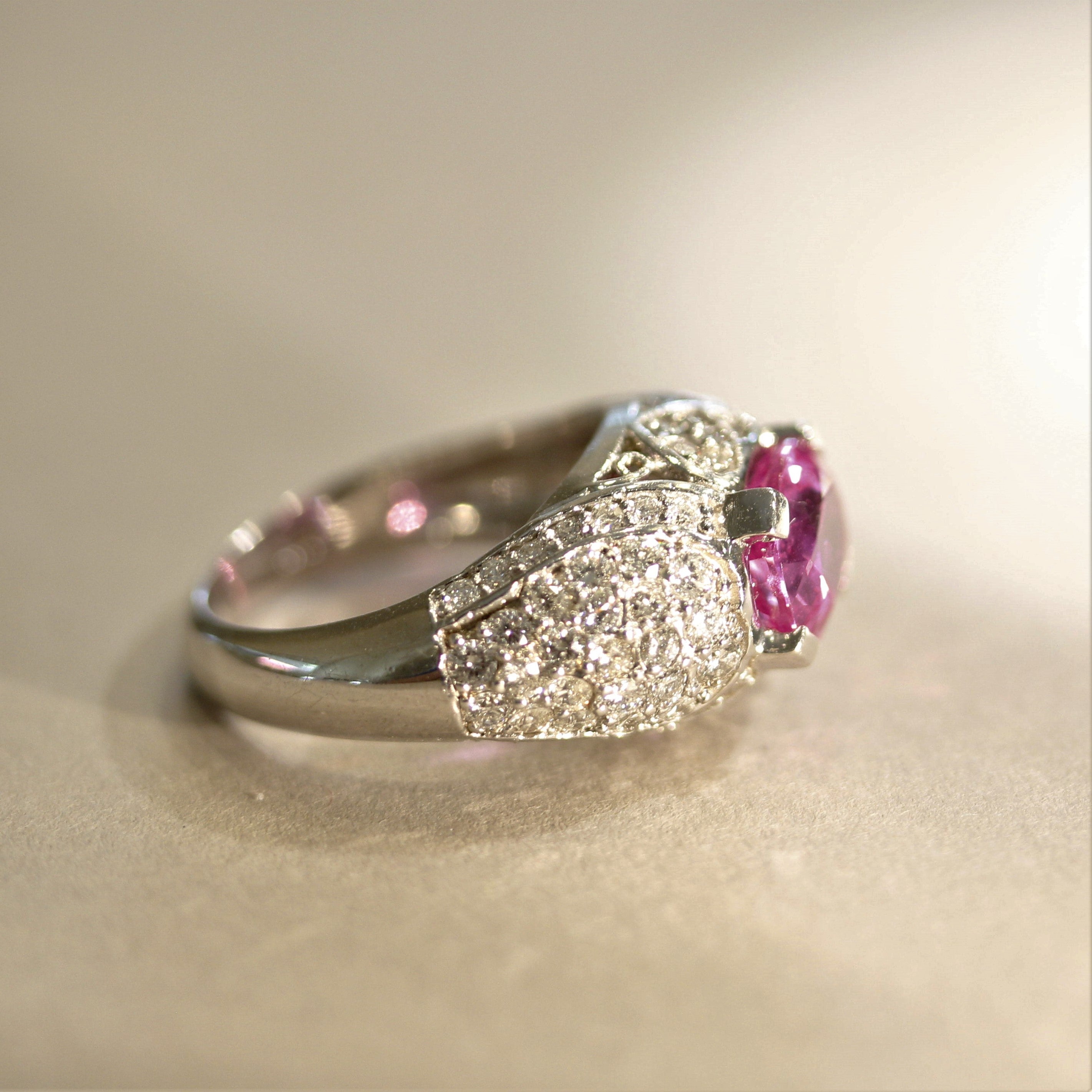 Hot-Pink Sapphire Diamond Gold “Heart-Motif” Ring