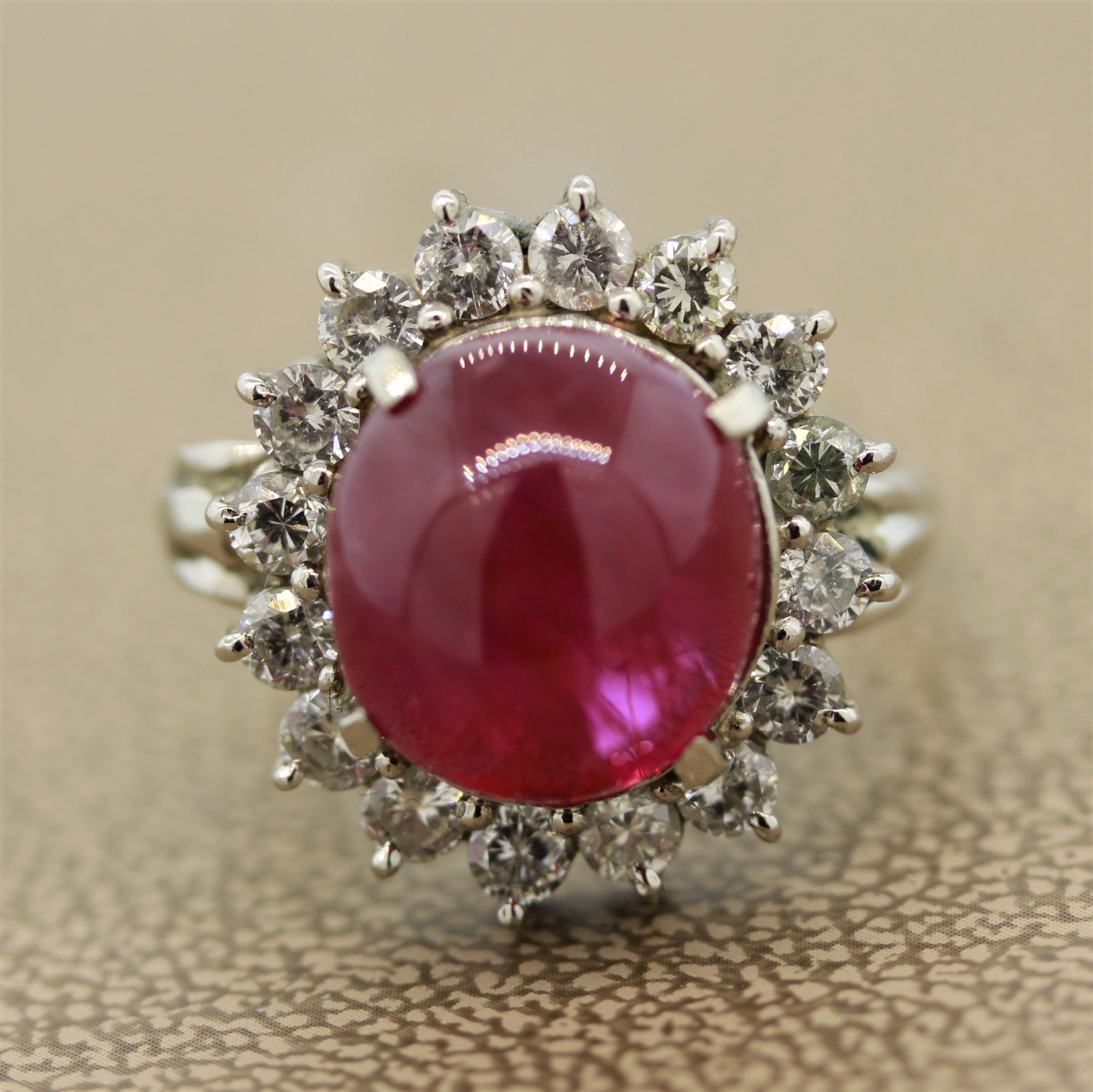 10.30ct Ruby Cabochon Diamond Platinum Ring, GIA Certified No-Heat