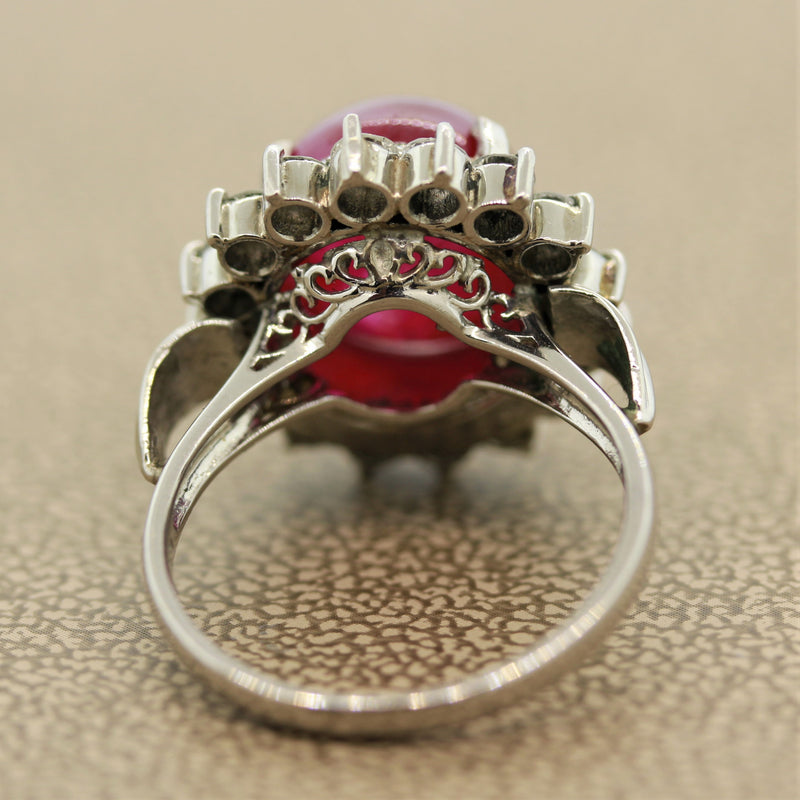 10.30ct Ruby Cabochon Diamond Platinum Ring, GIA Certified No-Heat