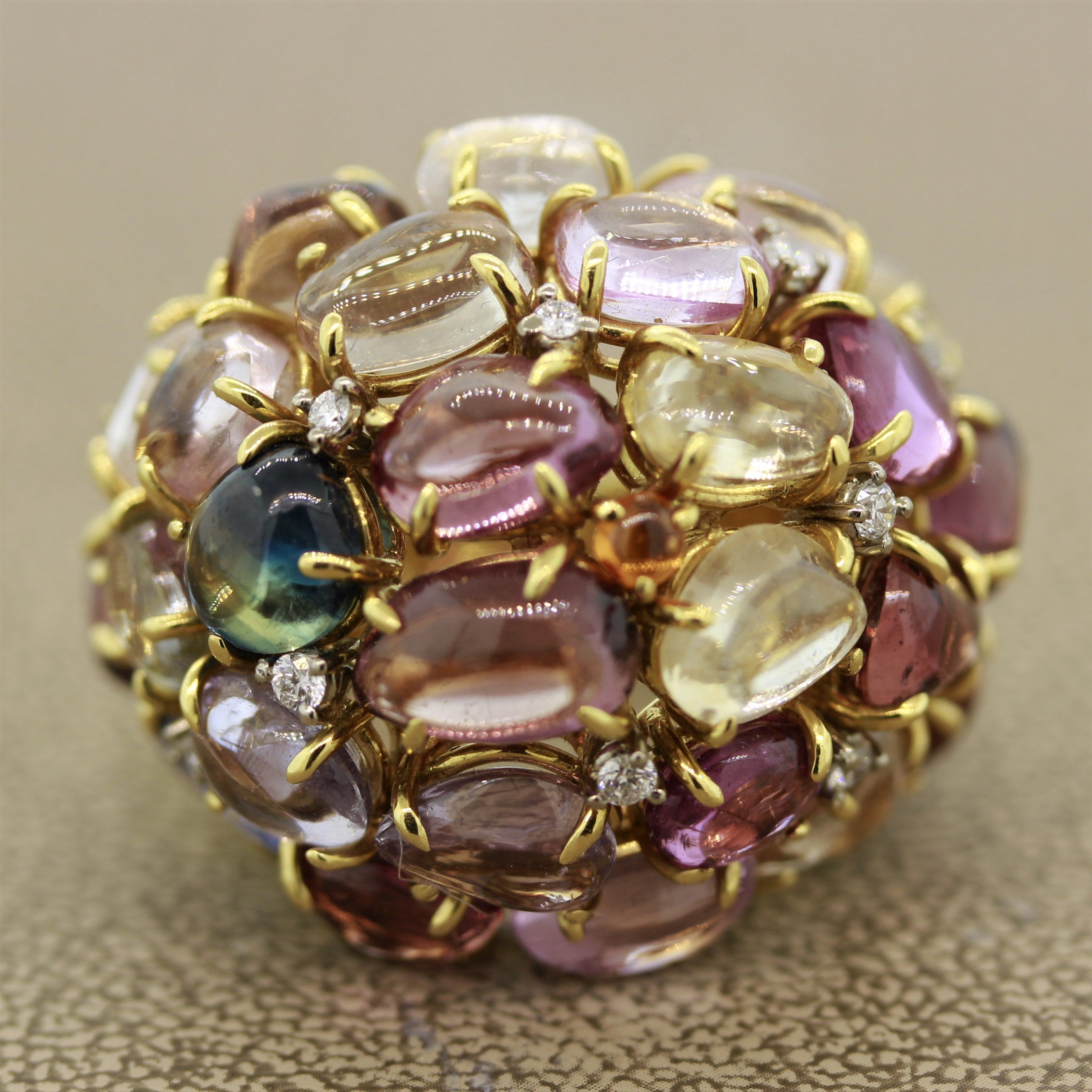 Multi-Color Gemstone Diamond Gold Dome Cocktail Ring