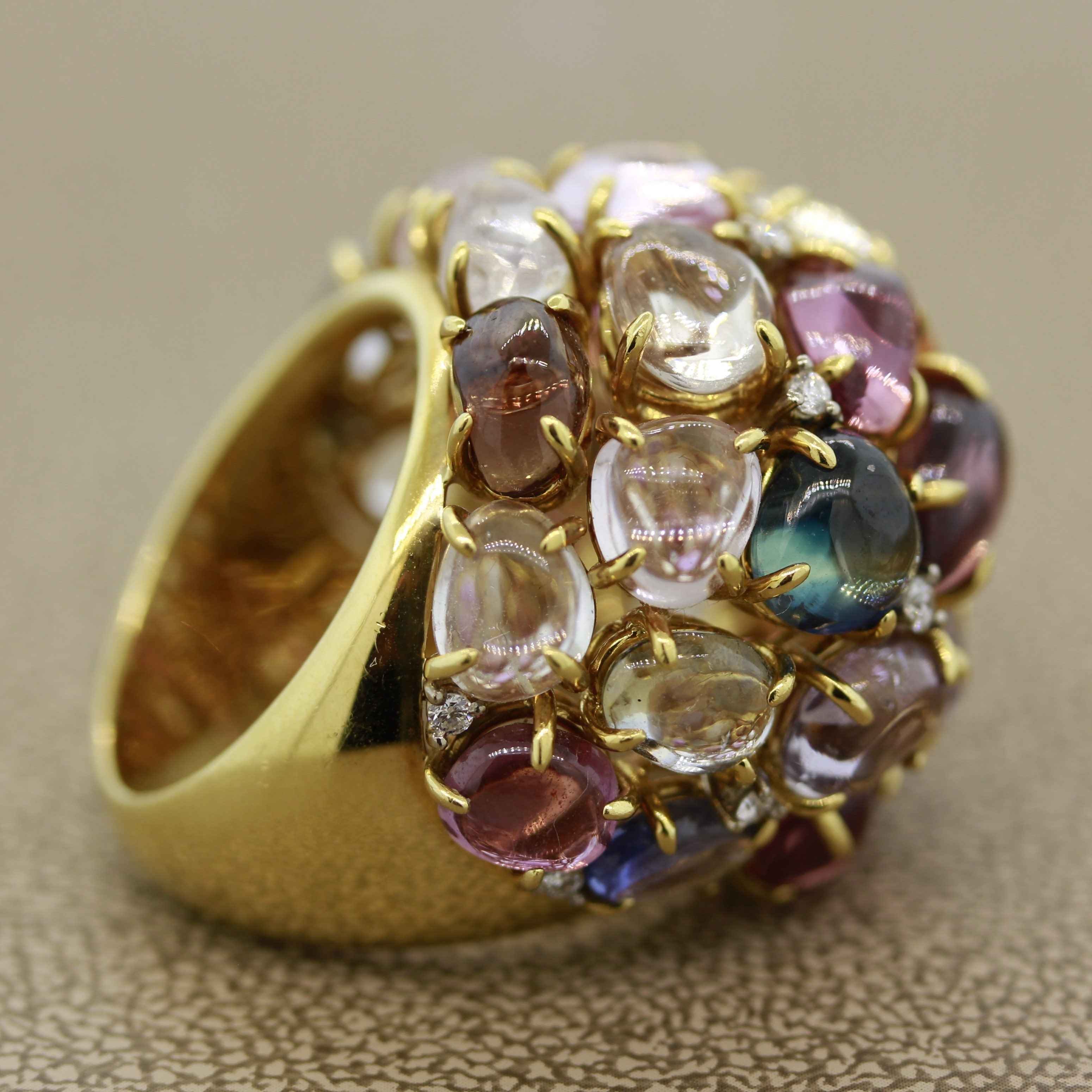 Multi-Color Gemstone Diamond Gold Dome Cocktail Ring