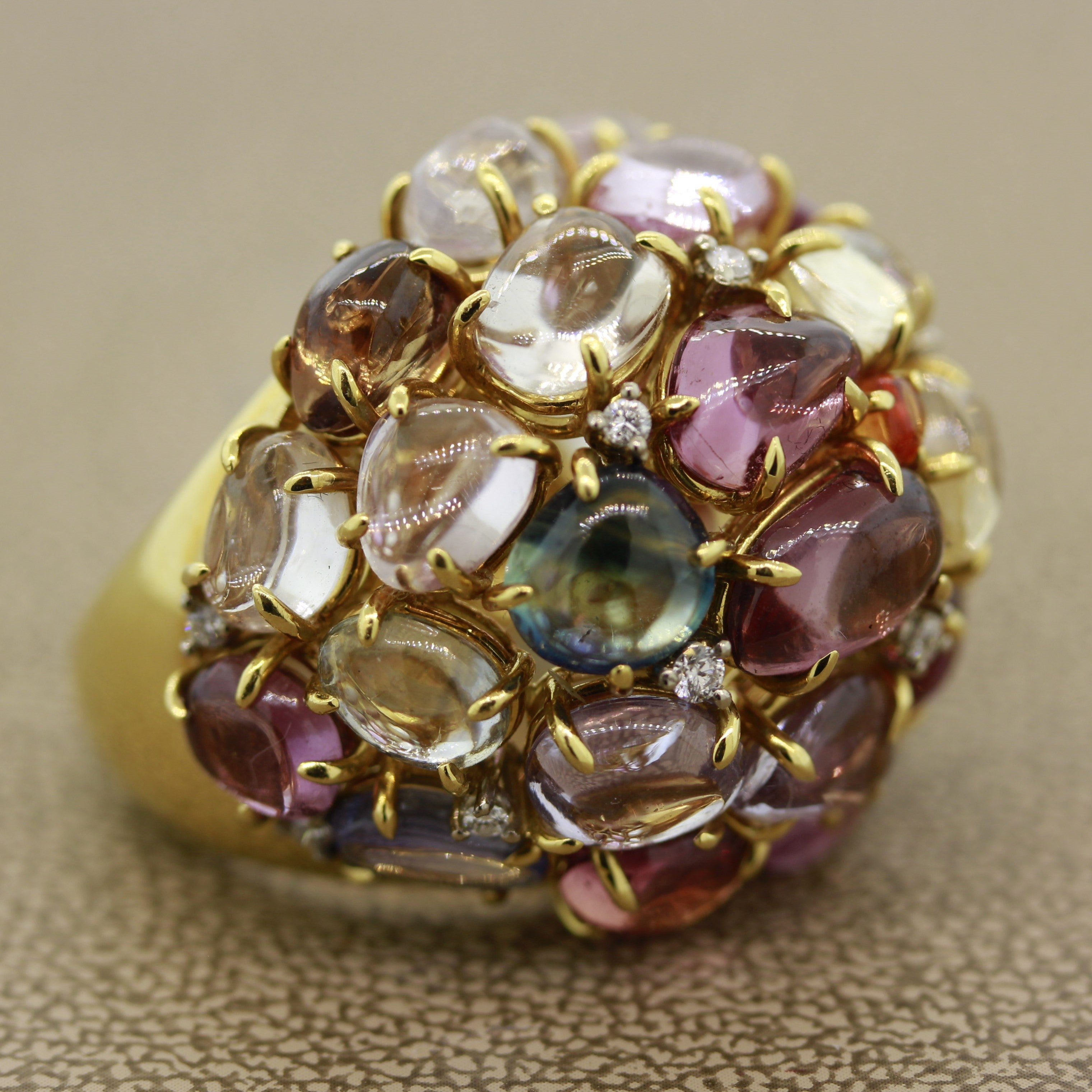 Multi-Color Gemstone Diamond Gold Dome Cocktail Ring